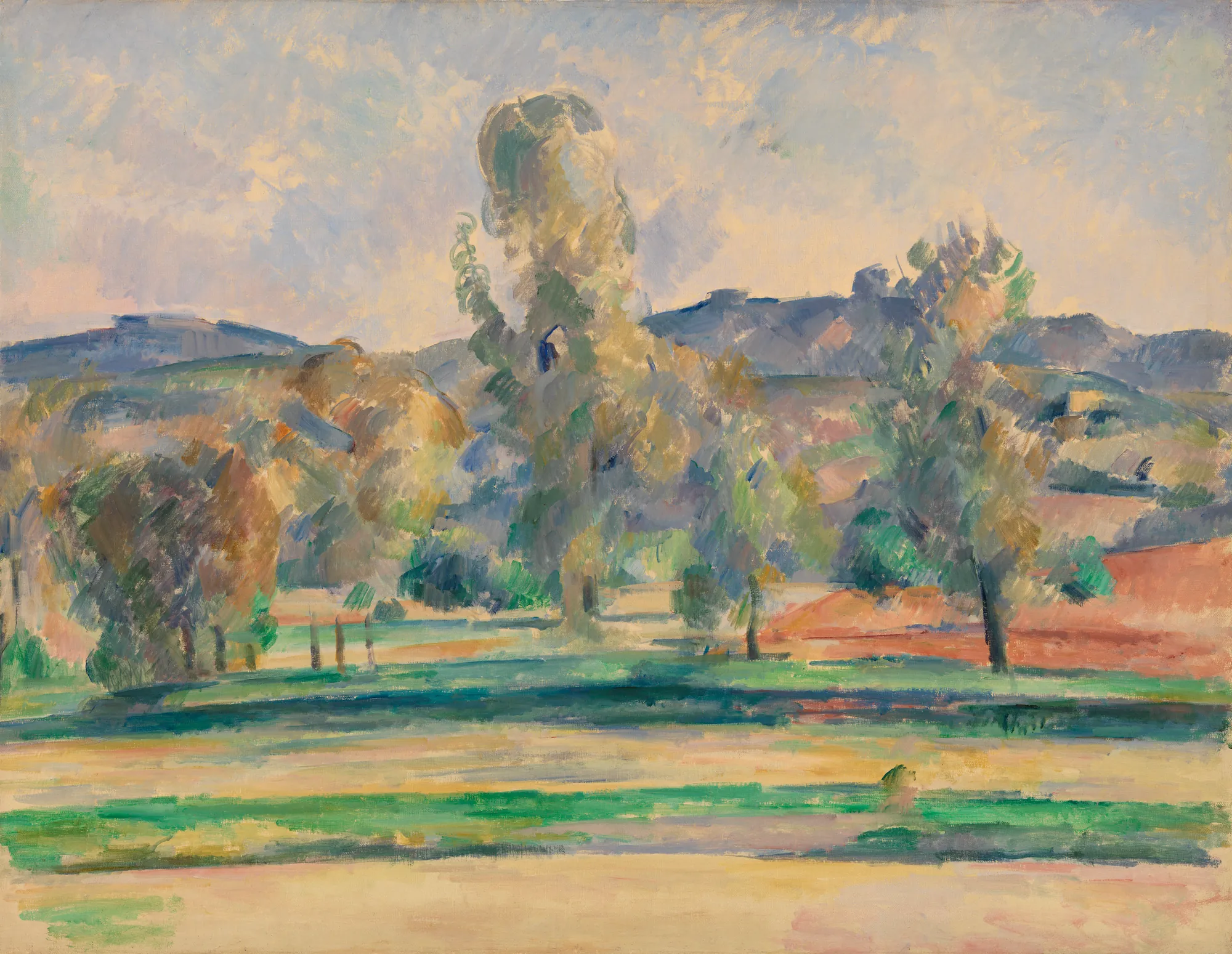 Autumn Landscape (Paysage d'automne) Autumn Landscape (Paysage d'automne) by Paul Cézanne. An impressionistic landscape featuring tall, slender trees against a backdrop of rolling hills and a soft, cloudy sky.