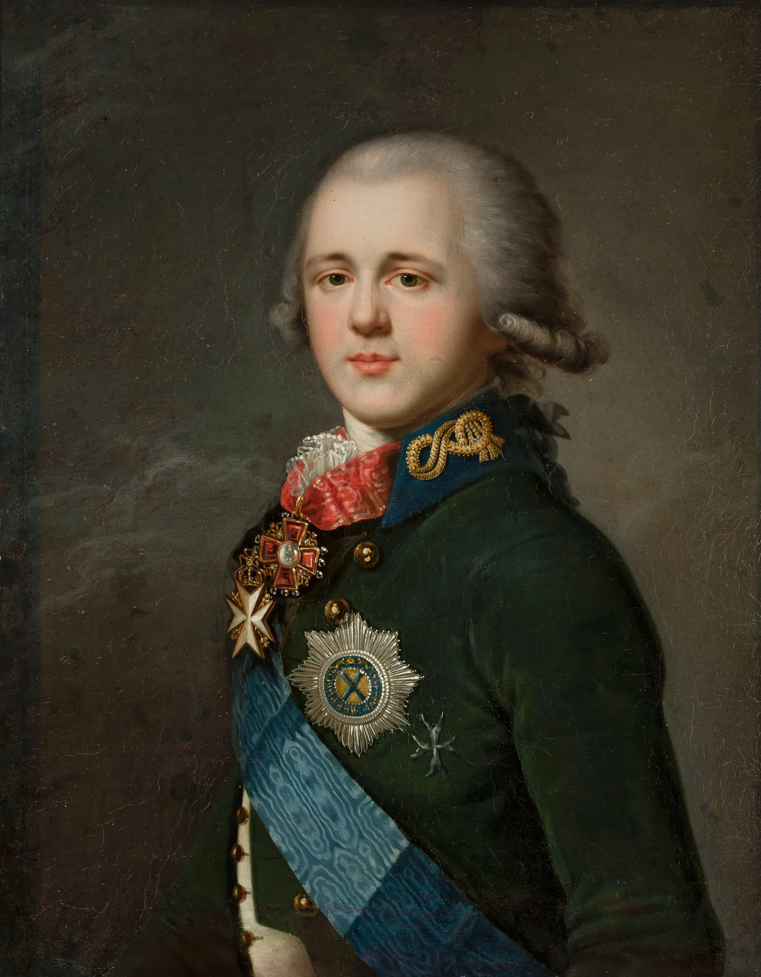 Portrait of Tsar Alexander I Portrait of Tsar Alexander I by Unknown Artist. A formal three-quarter length portrait of a young man in a dark green imperial military uniform with an elaborate blue sash and multiple medals.