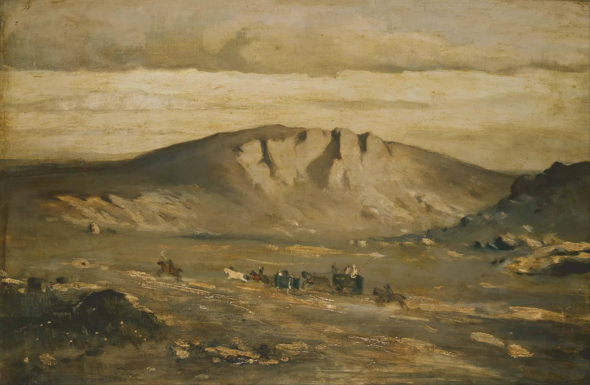 Lonely Landscape (Peasants' Wedding) Lonely Landscape (Peasants' Wedding) by Adolf Kosárek. A moody landscape featuring a distant procession of horse-drawn carriages and figures moving across a vast, earthy plain toward a large, craggy hill.