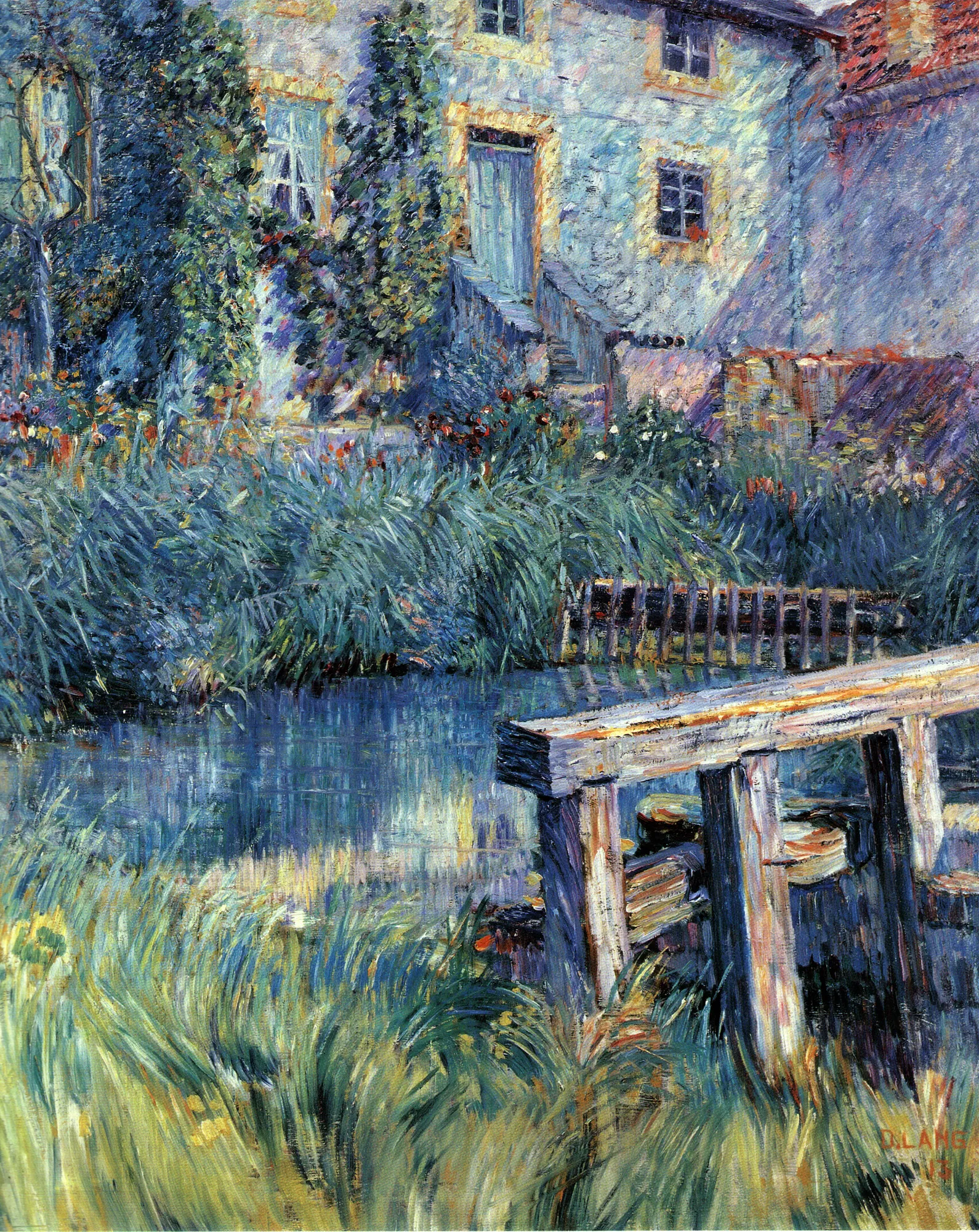 The Weir The Weir by Dominique Lang. An Impressionist oil painting of a stone cottage with climbing vines next to a tranquil weir and wooden structure.