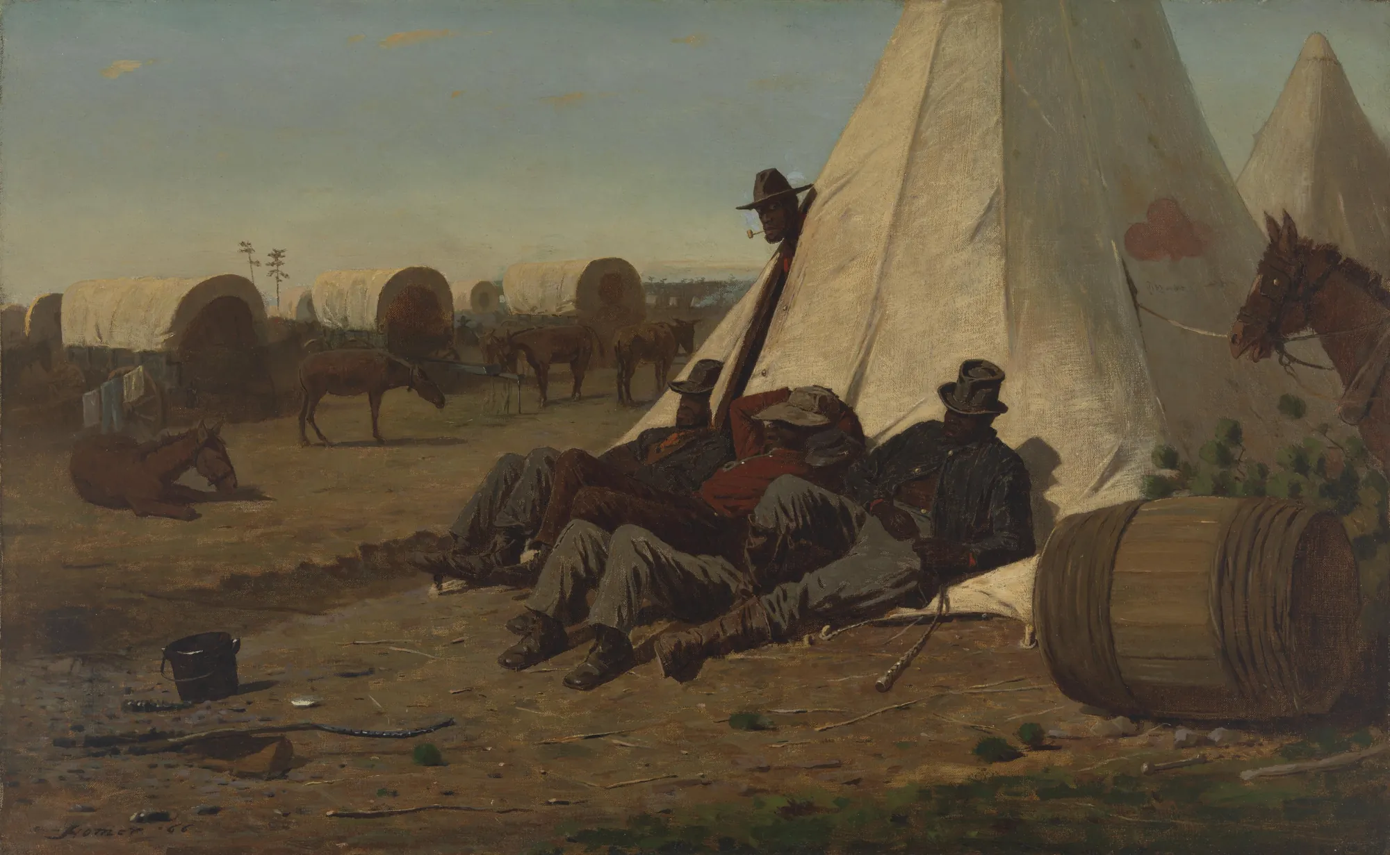 Army Teamsters Army Teamsters by Winslow Homer. A group of African American army teamsters rests in the long shadow of a large white canvas tent, surrounded by supply wagons and mules on a dusty plain.