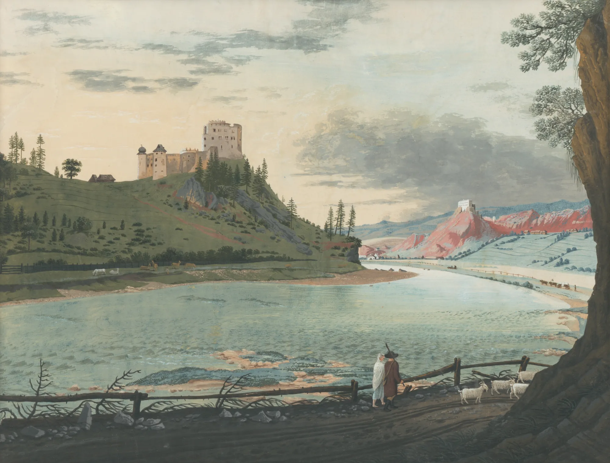 Nedezský Hrad (Niedzica Castle) Nedezský Hrad (Niedzica Castle) by Ján Jakub Müller. An early 19th-century landscape painting showing Niedzica Castle on a green hill overlooking a wide river, with a shepherd and goats in the foreground.