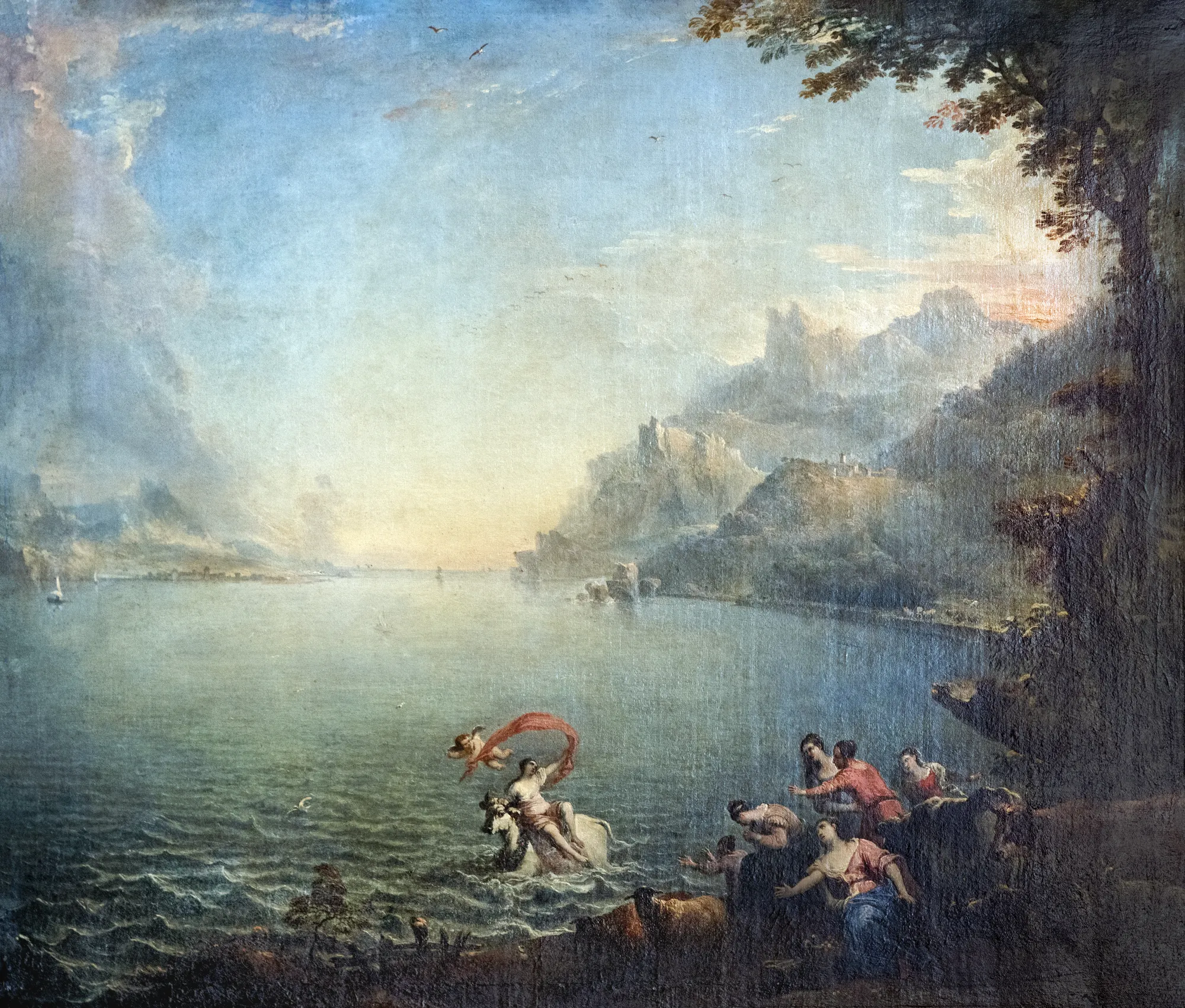 The Abduction of Europa The Abduction of Europa by Jean Baptiste Féret. A classical mythological scene depicting Europa riding a white bull across a body of water toward a dramatic coastline, with figures watching from the shore.
