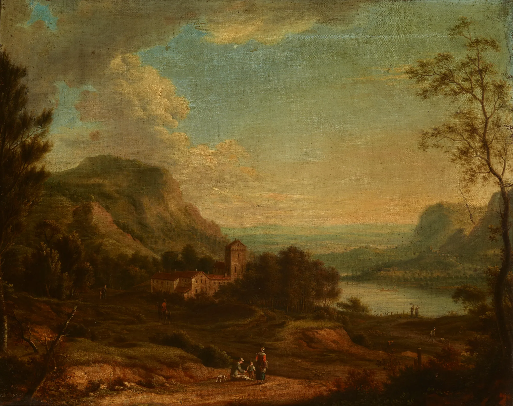Landscape with a Genre Scene Landscape with a Genre Scene by Johann Christian Vollerdt. An 18th-century landscape featuring a stone manor with a tower, distant mountains, and figures in the foreground near a river.