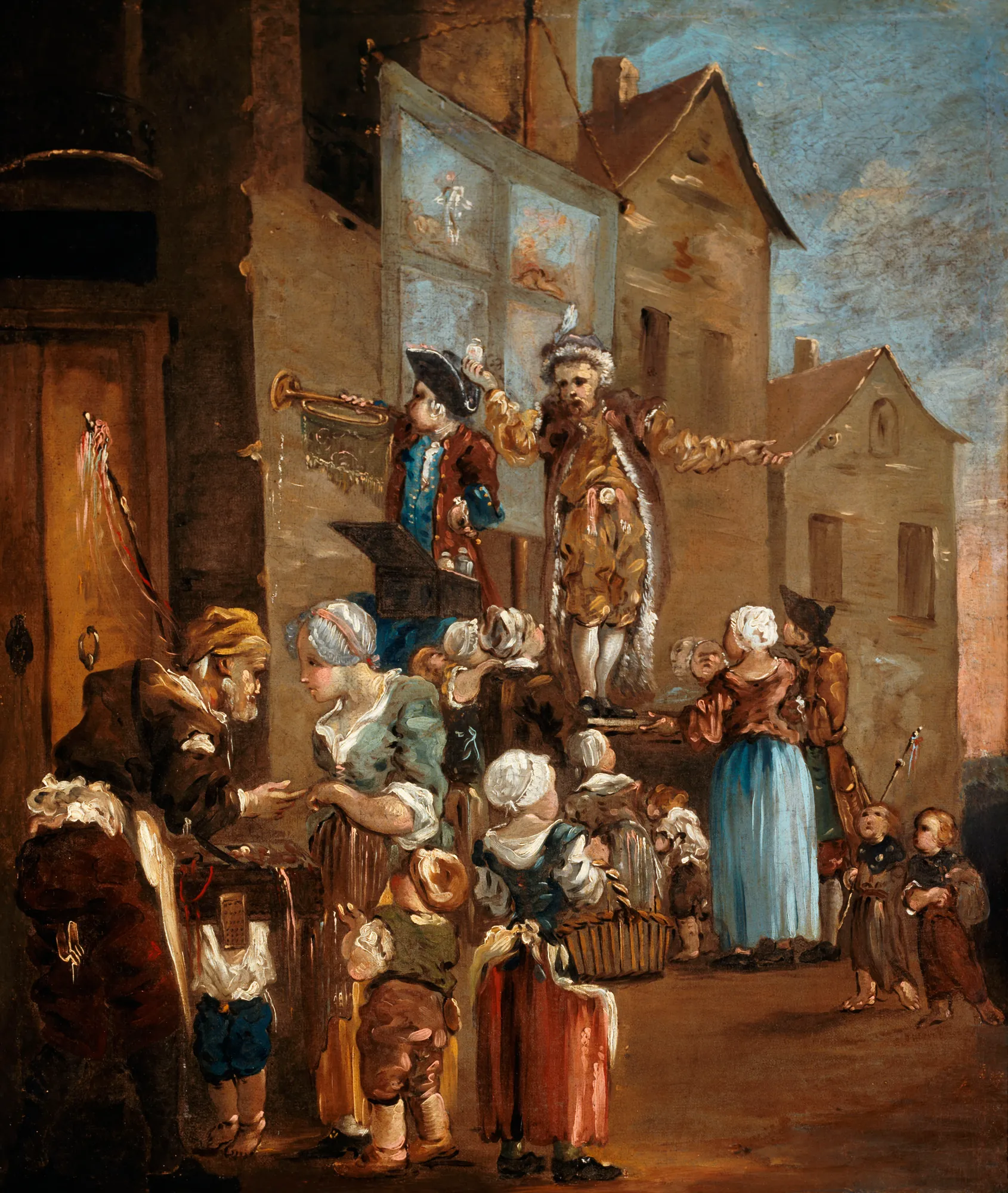 Le Charlatan Le Charlatan by Unknown Artist. A crowd gathers in a city street to watch a performer and a musician on a makeshift stage.