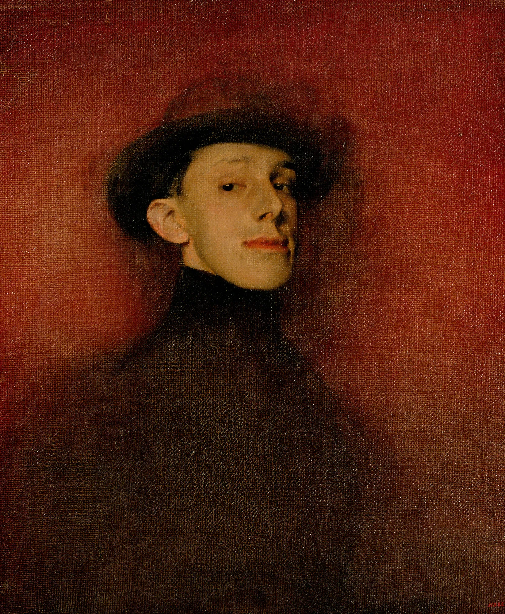 King Alfonso XIII (Study from Life) King Alfonso XIII (Study from Life) by Ramon Casas. A bust-length portrait of a young man in a dark hat and high-collared coat against a textured red background.