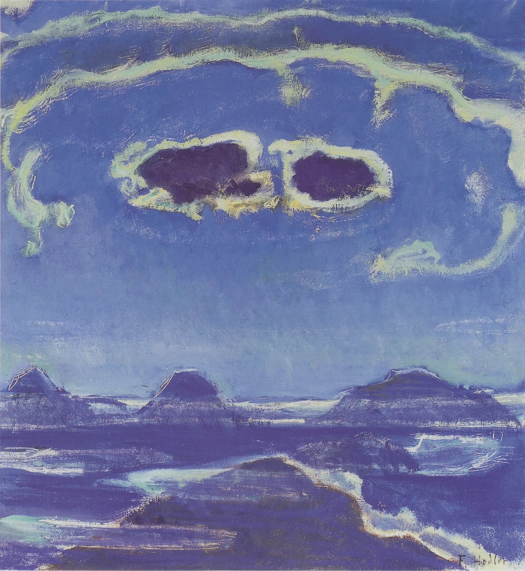 Eiger, Mönch und Jungfrau im Mondschein Eiger, Mönch und Jungfrau im Mondschein by Ferdinand Hodler. A stylized nocturnal landscape of three mountain peaks under a luminous blue sky with swirling cloud formations.