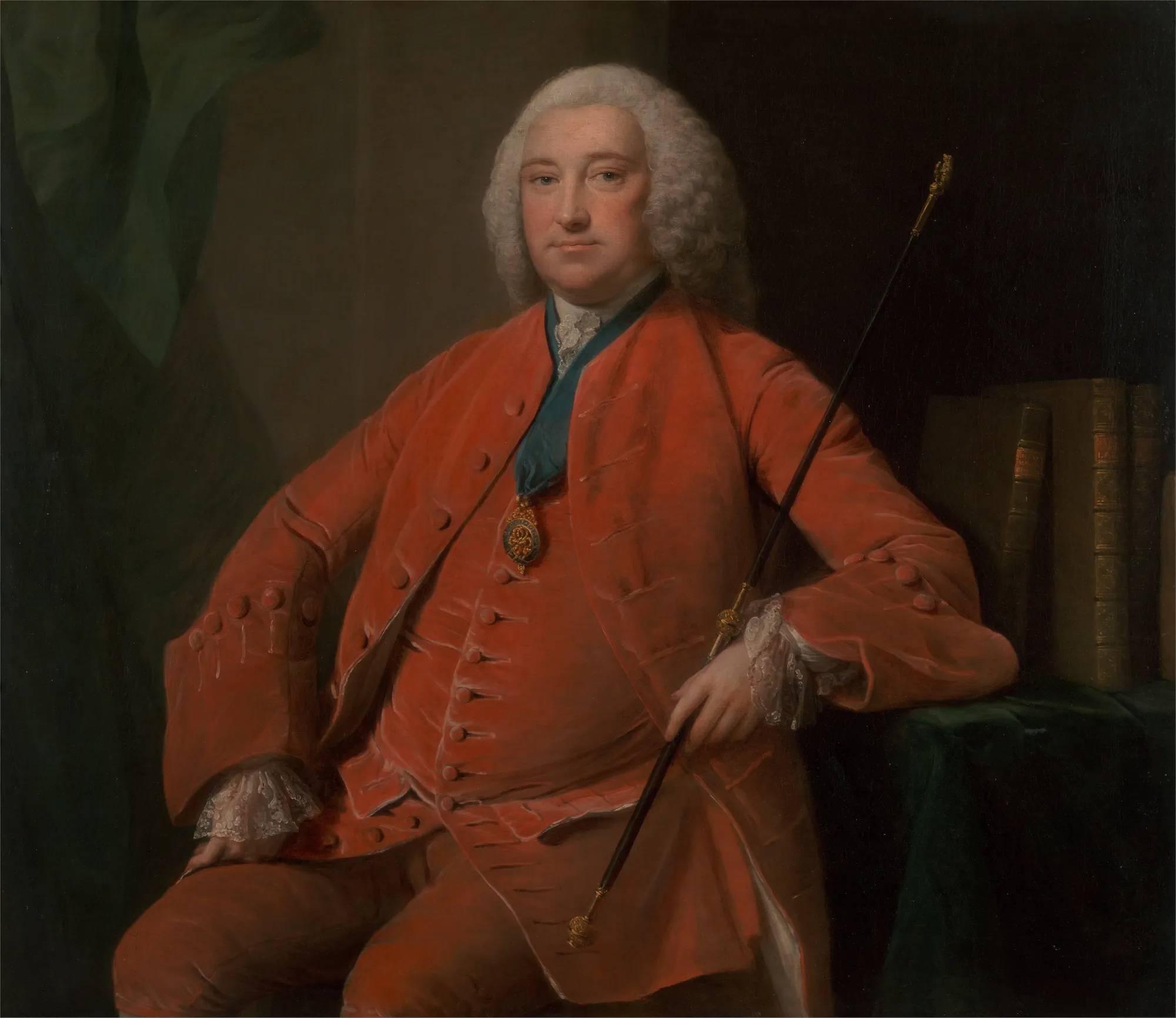 Henry Bellenden Henry Bellenden by Allan Ramsay. A formal portrait of a man in a vibrant red coat and powdered wig, holding a staff and leaning on a table with books.