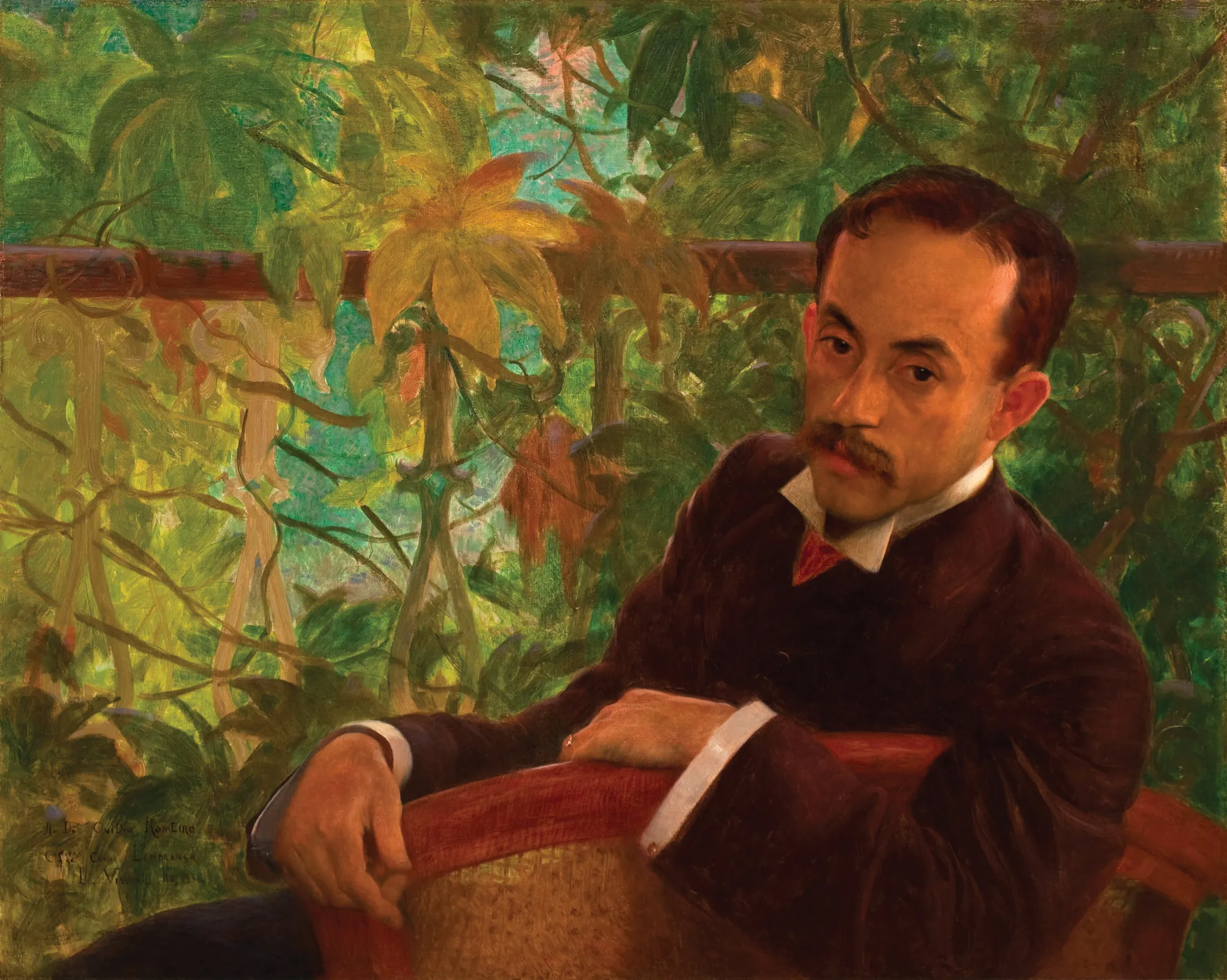 Retrato de Ovídio Romeiro Retrato de Ovídio Romeiro by Eliseu Visconti. An oil portrait of a moustachioed man in a dark suit sitting in a chair against a vibrant green foliage background.