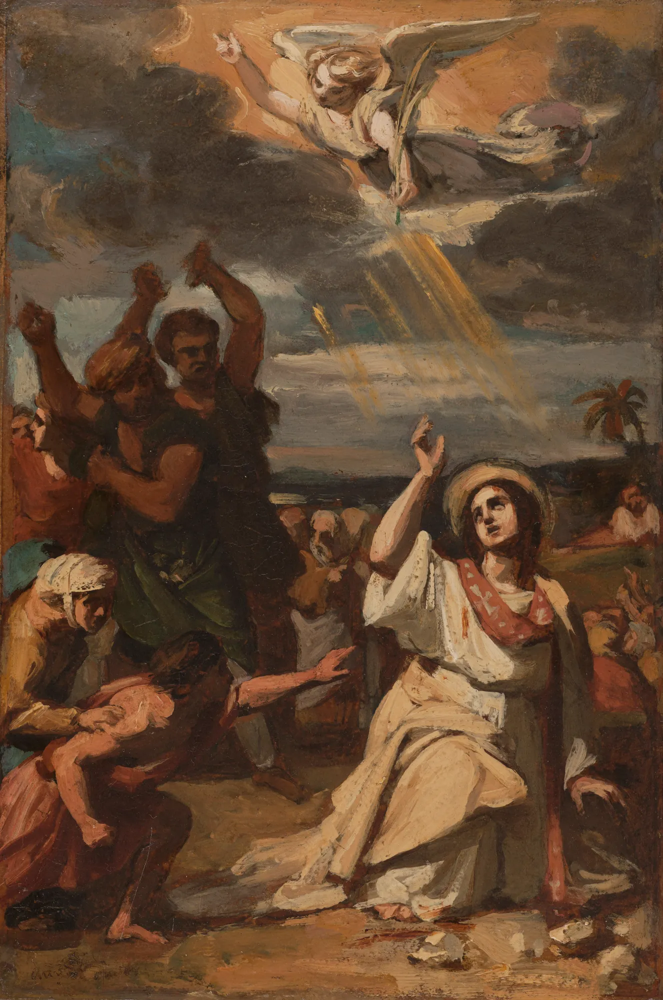 Le Martyre de Saint Étienne Le Martyre de Saint Étienne by Auguste Couder. A dynamic oil sketch depicting the martyrdom of Saint Stephen, showing him looking up towards a descending angel while several men prepare to stone him.