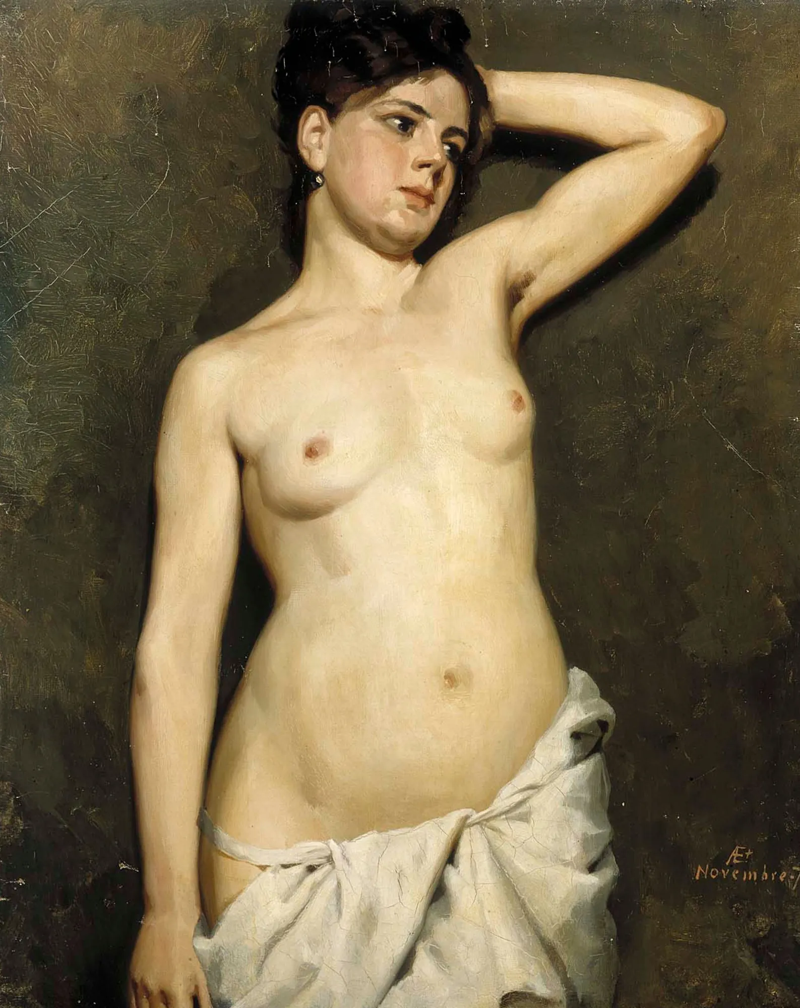 Female Nude Study Female Nude Study by Albert Edelfelt. A luminous oil study of a female nude figure from the hips up, with white drapery wrapped around her waist and one arm raised behind her head.