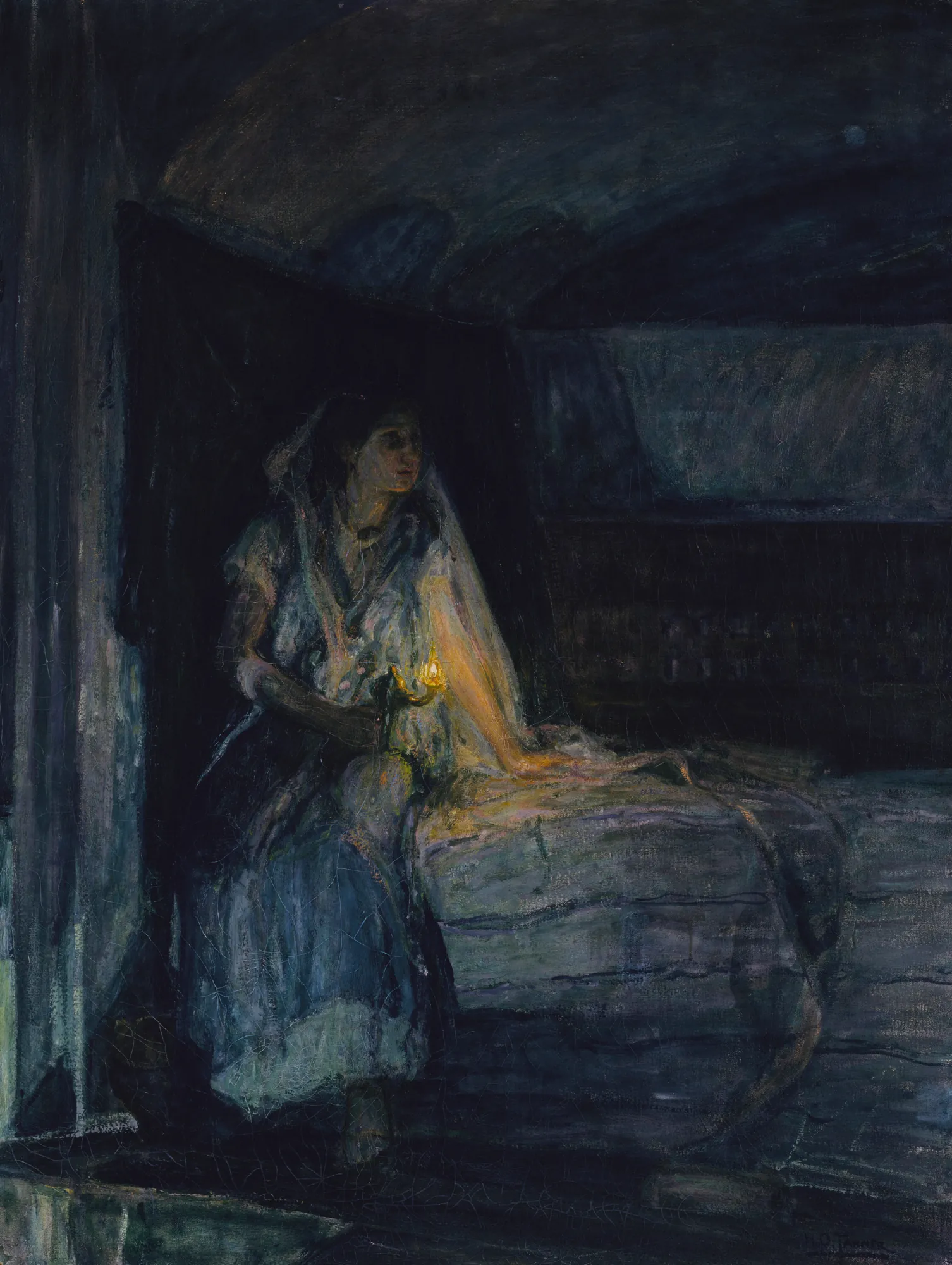 Mary Mary by Henry Ossawa Tanner. A woman in a white dress sits in a dimly lit room, her face illuminated by the warm light of an oil lamp she holds.