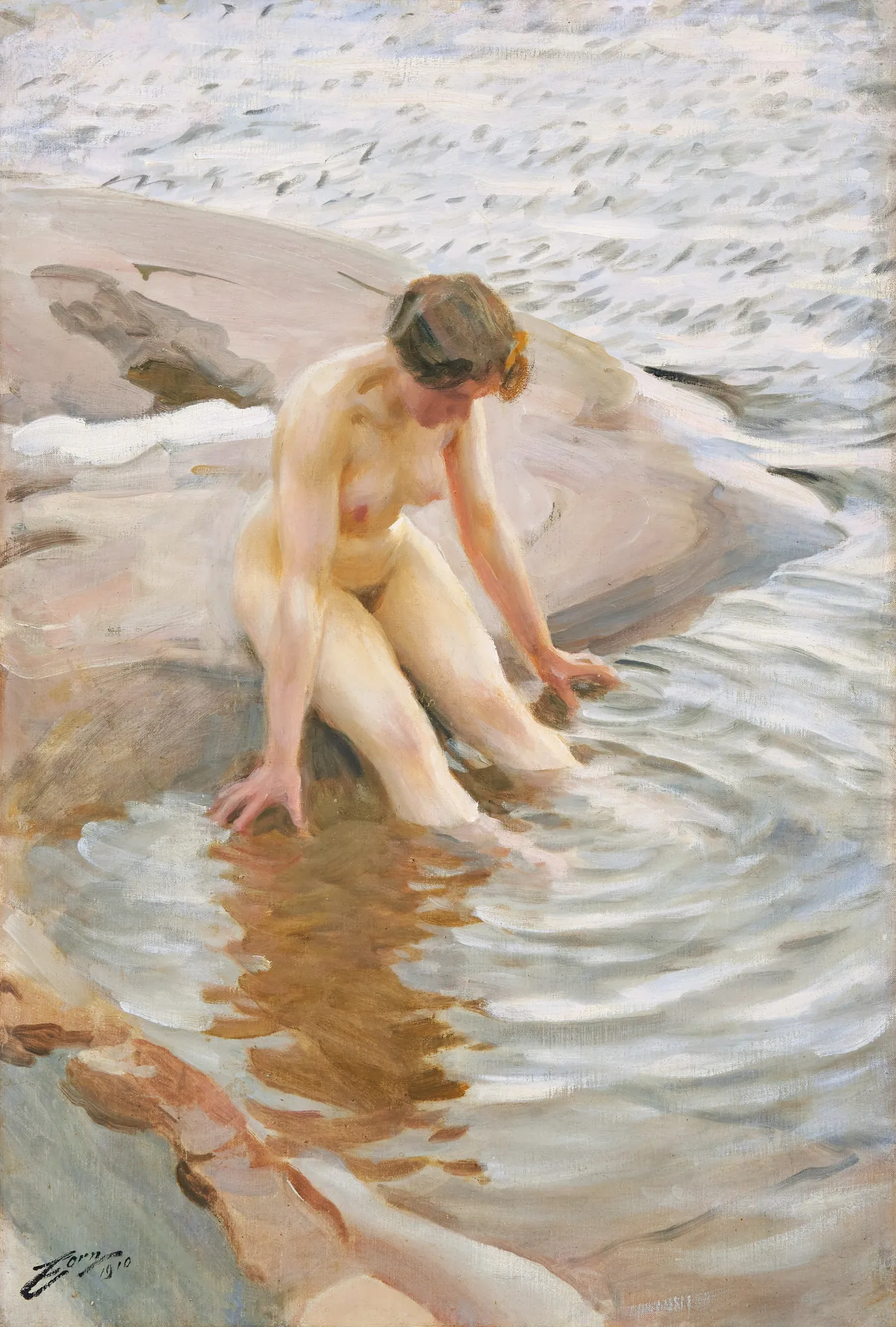 Wet Wet by Anders Zorn. An impressionist oil painting of a nude woman sitting on rocks and leaning over to touch the water's surface.