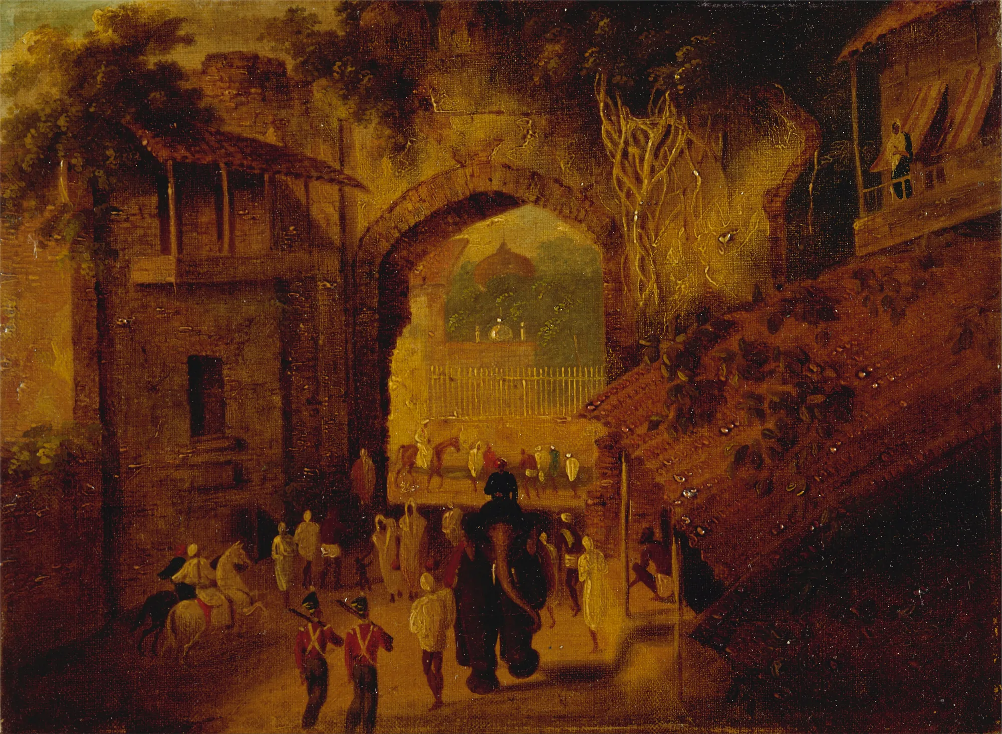 East Gateway, Patna East Gateway, Patna by Sir Charles D'Oyly, 7th Baronet. A golden-hued oil painting depicting a bustling street in Patna, featuring an elephant, soldiers, and horseback riders moving toward a large stone archway.