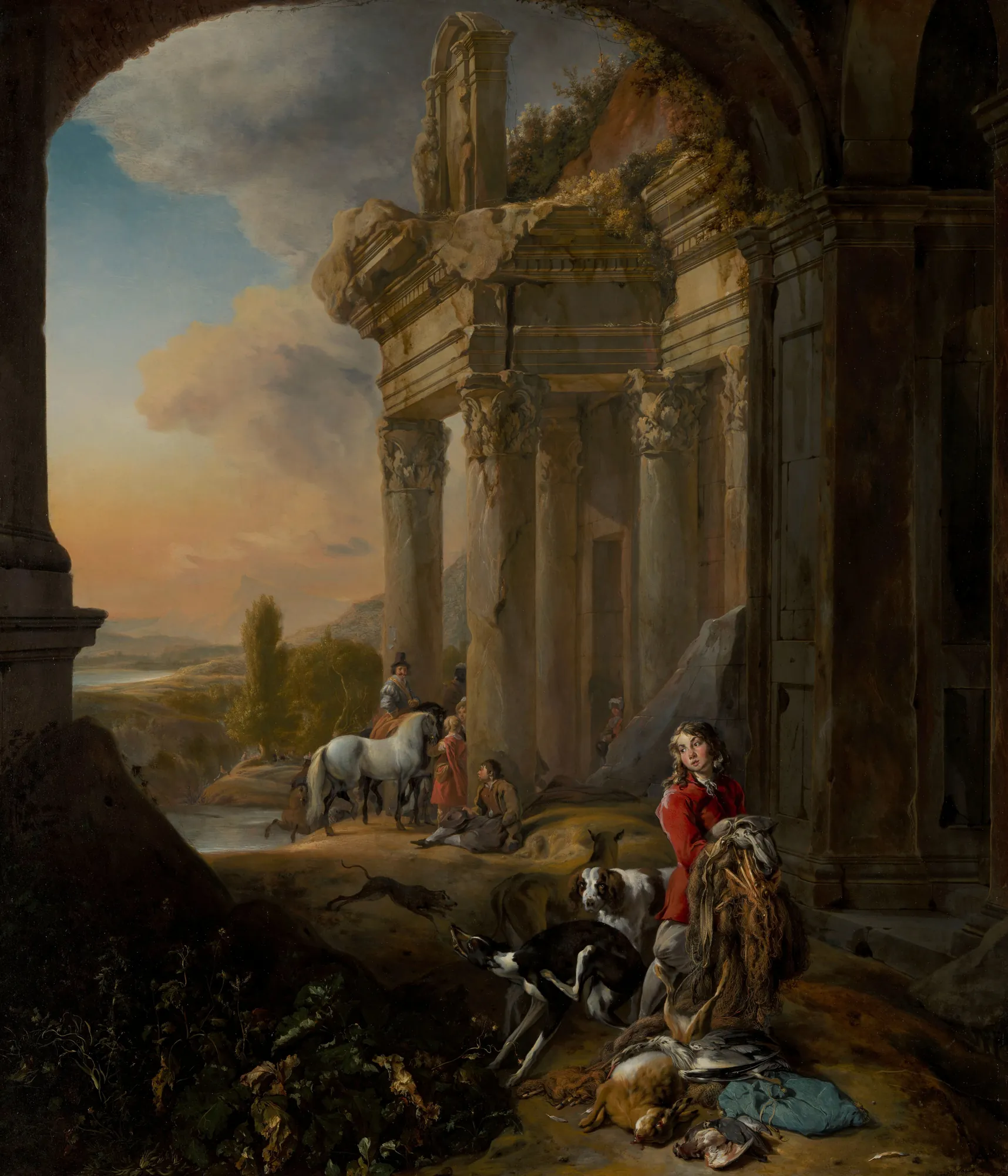 After the Hunt After the Hunt by Jan Baptist Weenix. A group of hunters and animals, including a man in a red jacket and a white horse, rest amongst towering classical ruins at dusk.