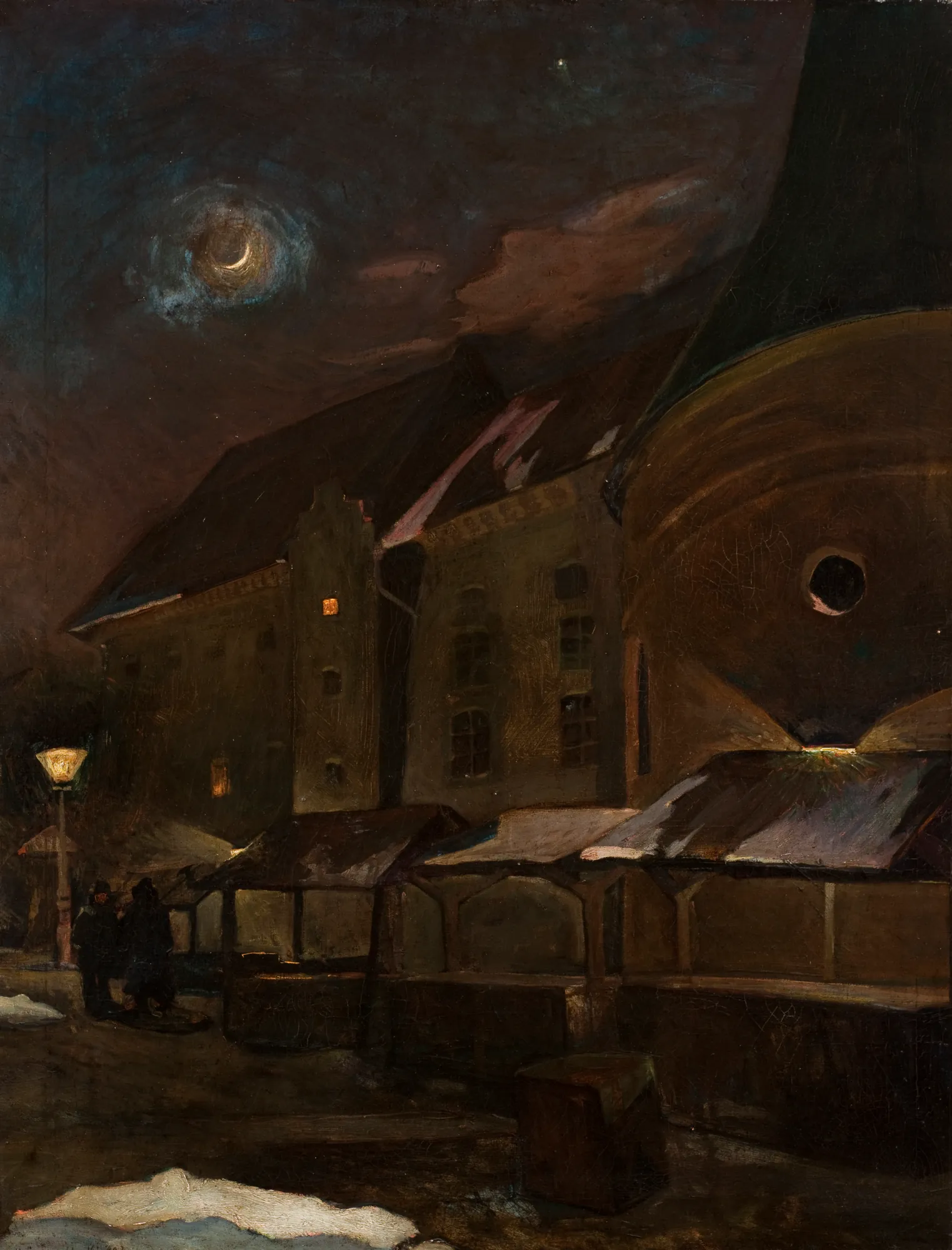 Small Market Square in Krakow at Night Small Market Square in Krakow at Night by Henryk Szczyglinski. An oil painting depicting a darkened European market square at night under a crescent moon, featuring silhouettes of market stalls and a looming architectural backdrop.