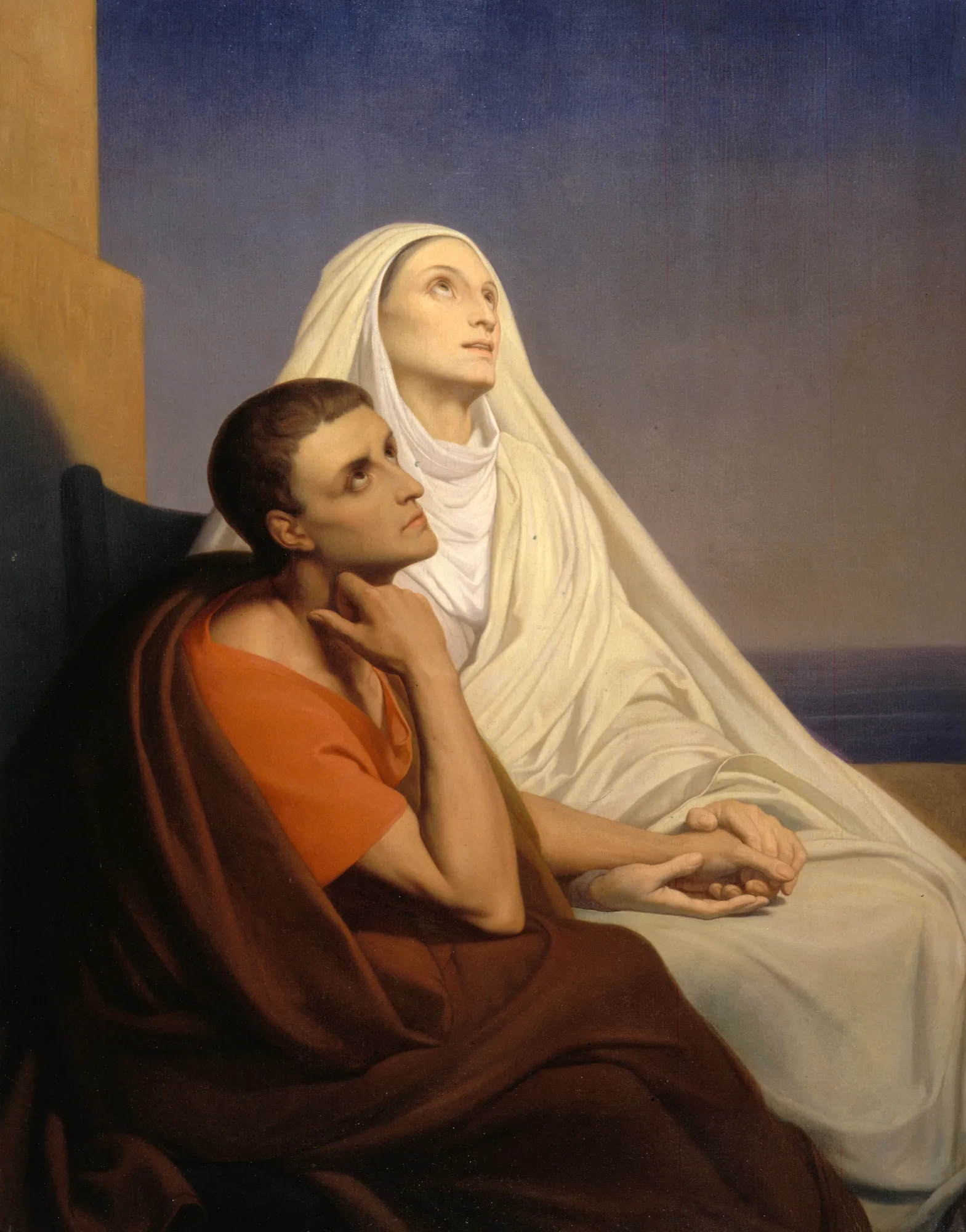 Saint Augustine and Saint Monica Saint Augustine and Saint Monica by Ary Scheffer. Two figures, a man in a brown cloak and a woman in a white veil, sit together looking upward toward a blue sky while holding hands.