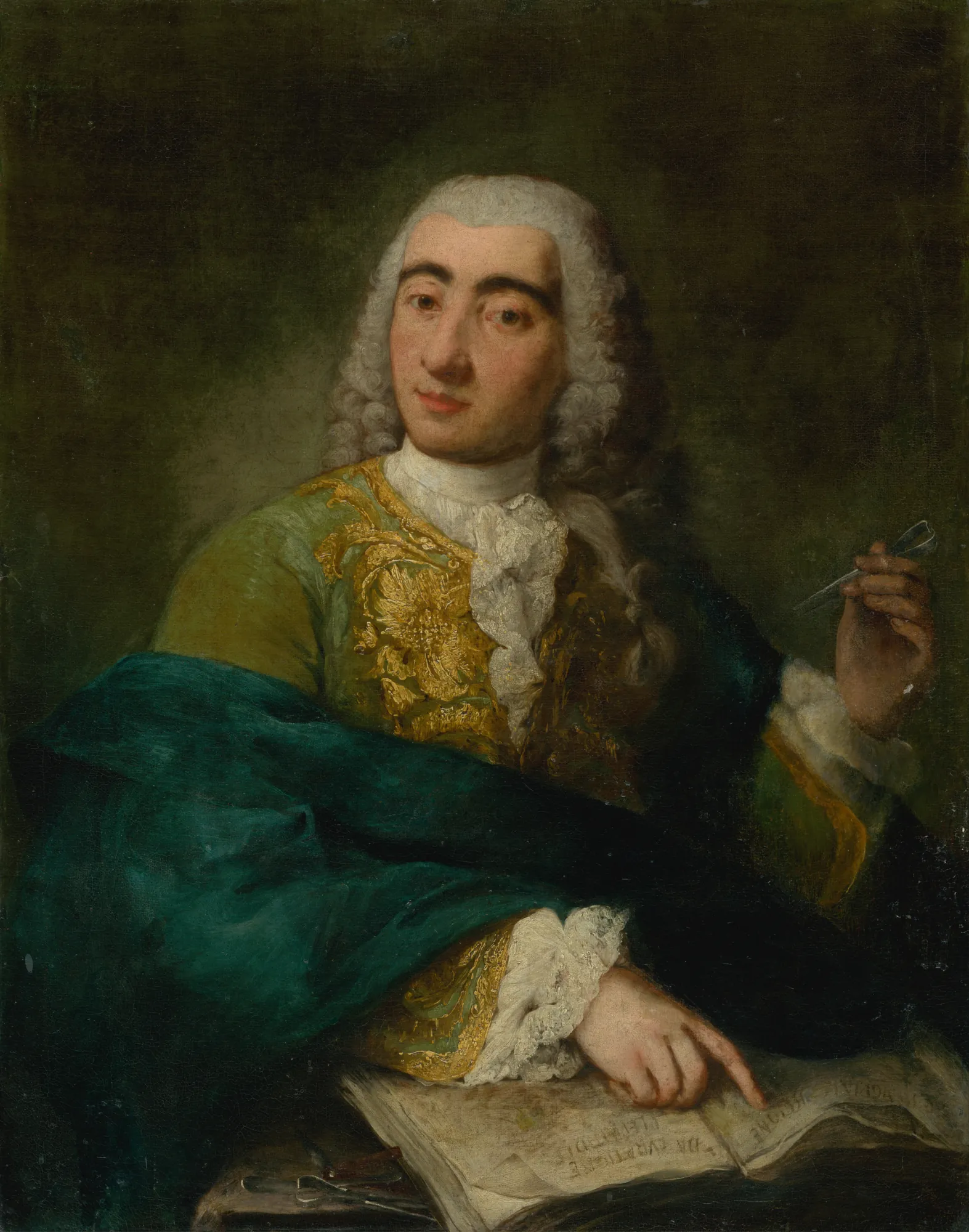 Portrait of a Physician Portrait of a Physician by Alessandro Longhi. A waist-length portrait of a man in an 18th-century powdered wig and gold-embroidered green coat, pointing toward an open medical book.