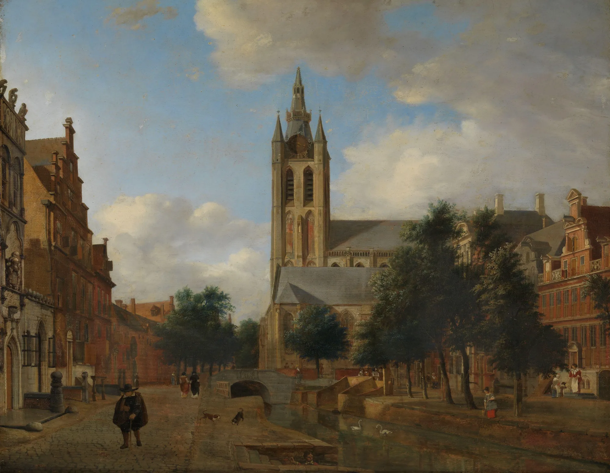 The Oude Delft Canal and the Oude Kerk, Delft The Oude Delft Canal and the Oude Kerk, Delft by Jan van der Heyden. A detailed 17th-century Dutch cityscape showing a canal in Delft with figures on the bank and the soaring tower of the Old Church in the background.