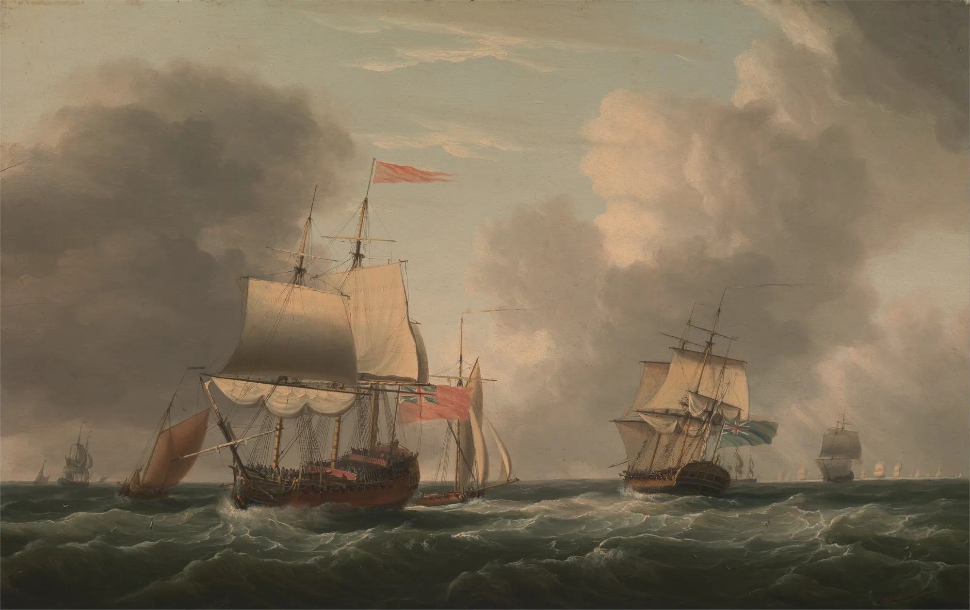 An English Two-Decker Lying Hove to, with Other Ships and Vessels in a Fresh Breeze
