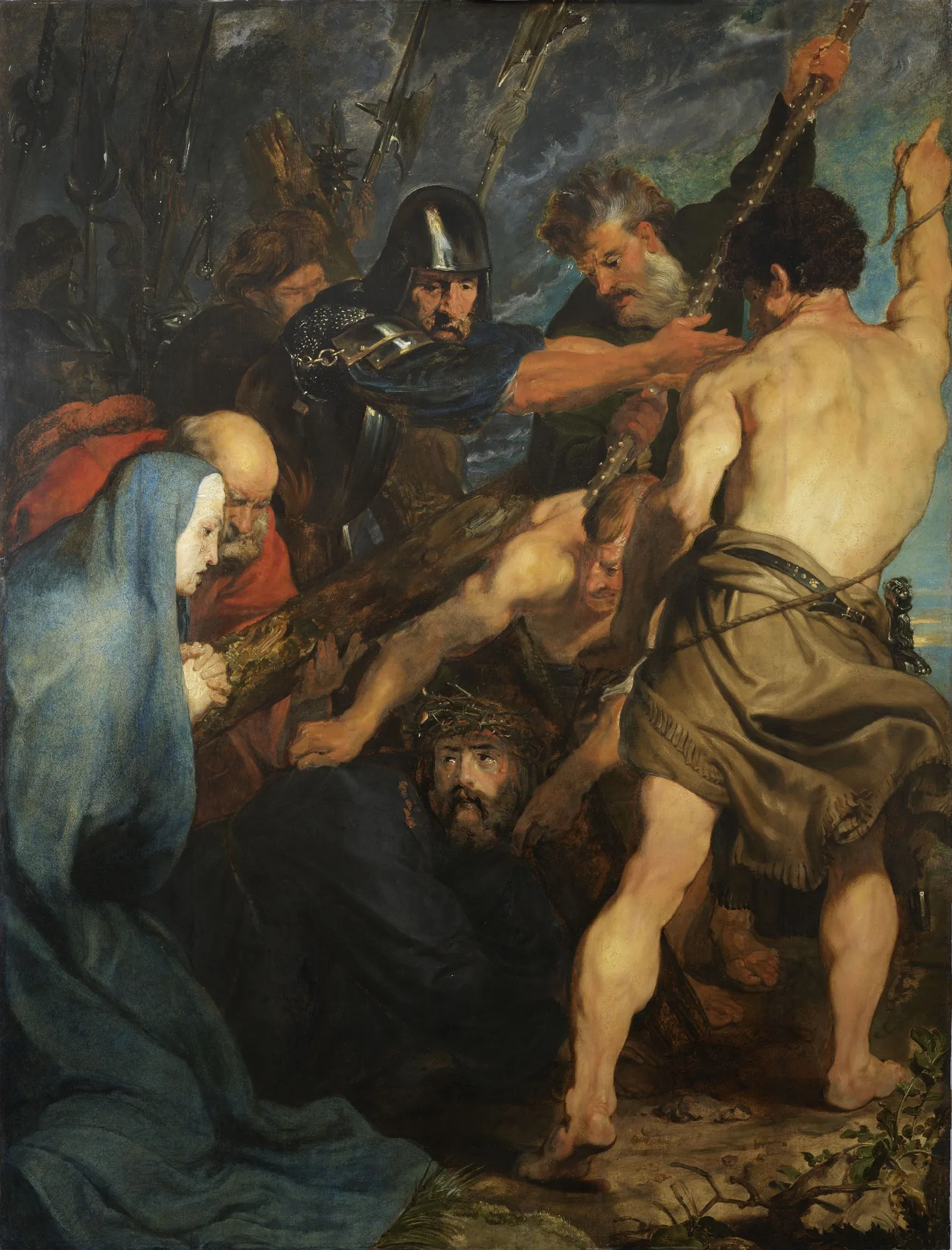 Christ Carrying the Cross Christ Carrying the Cross by Anthony van Dyck. A dramatic Baroque painting showing Jesus Christ collapsing under the weight of the wooden cross, surrounded by a press of soldiers and mourners in dynamic poses.