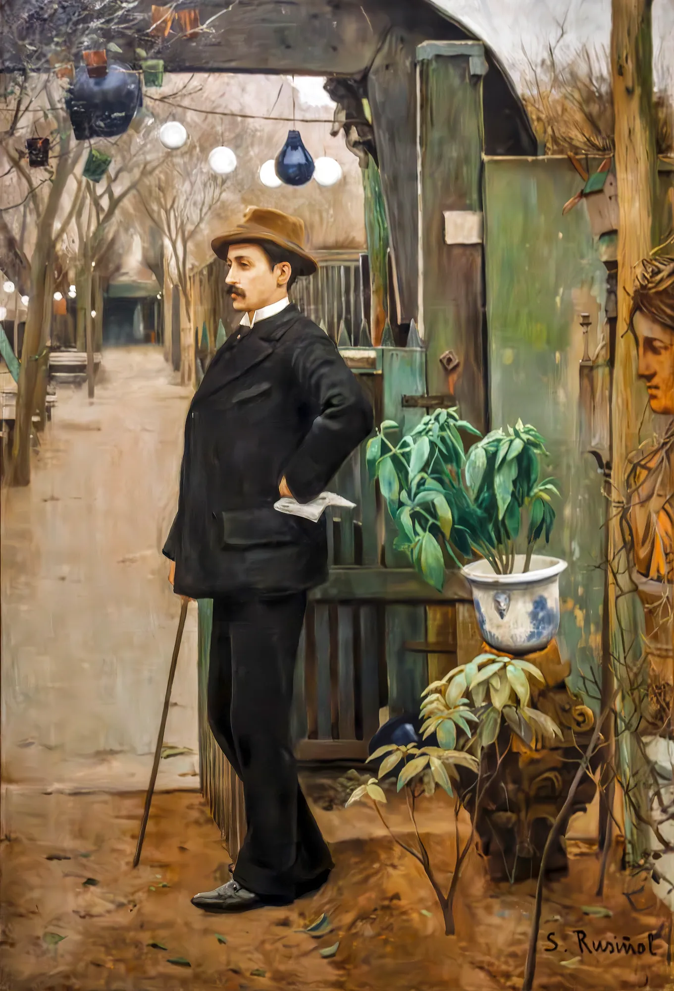 Portrait of Miquel Utrillo Portrait of Miquel Utrillo by Santiago Rusiñol i Prats, Moulin de la Galette. A full-length portrait of a man in a black suit and brown hat standing with a cane in an atmospheric outdoor garden terrace.