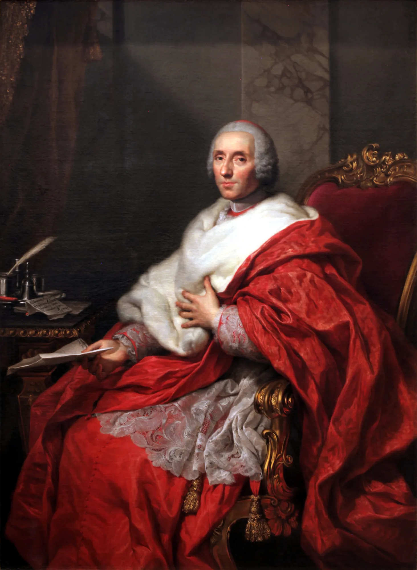 Portrait of Cardinal Alberico Archinto Portrait of Cardinal Alberico Archinto by Anton Raphael Mengs. A seated cardinal dressed in voluminous red robes and white fur holds a paper beside a desk with a quill and ink.