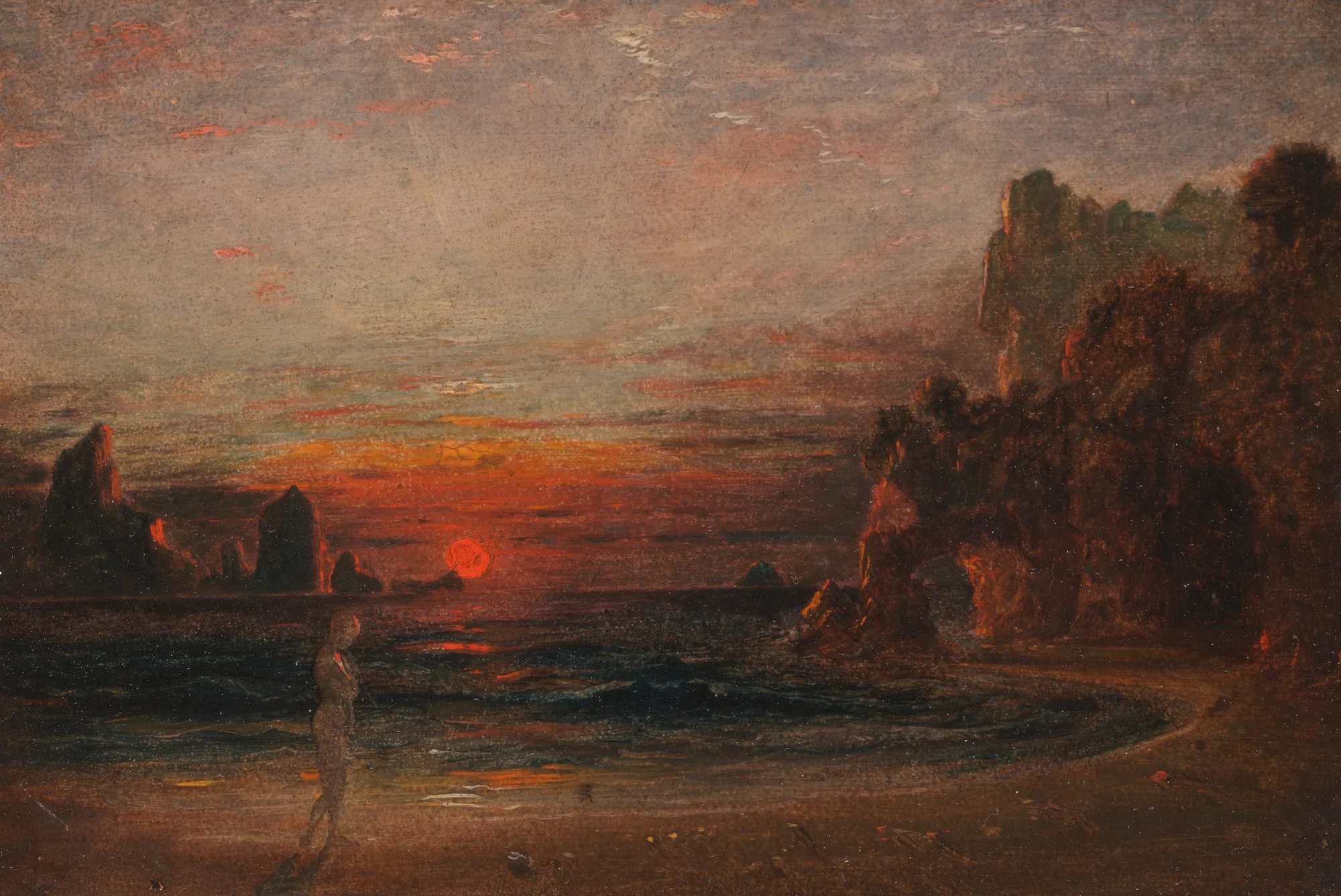 Study for Calypso's Grotto Study for Calypso's Grotto by Francis Danby. A solitary figure stands on a dark shoreline at sunset, silhouetted against a vibrant orange and red sun dipping below the horizon near rugged sea cliffs.