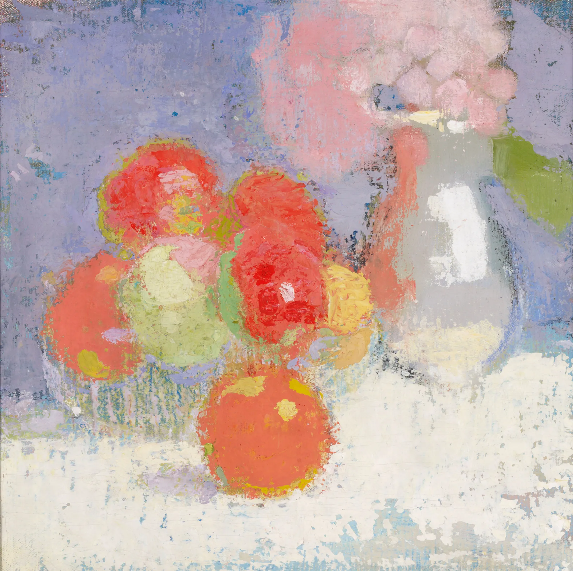 Red Apples Red Apples by Helene Schjerfbeck. A collection of red and green apples sits in a bowl beside a vase of pink flowers against a textured, light purple background.