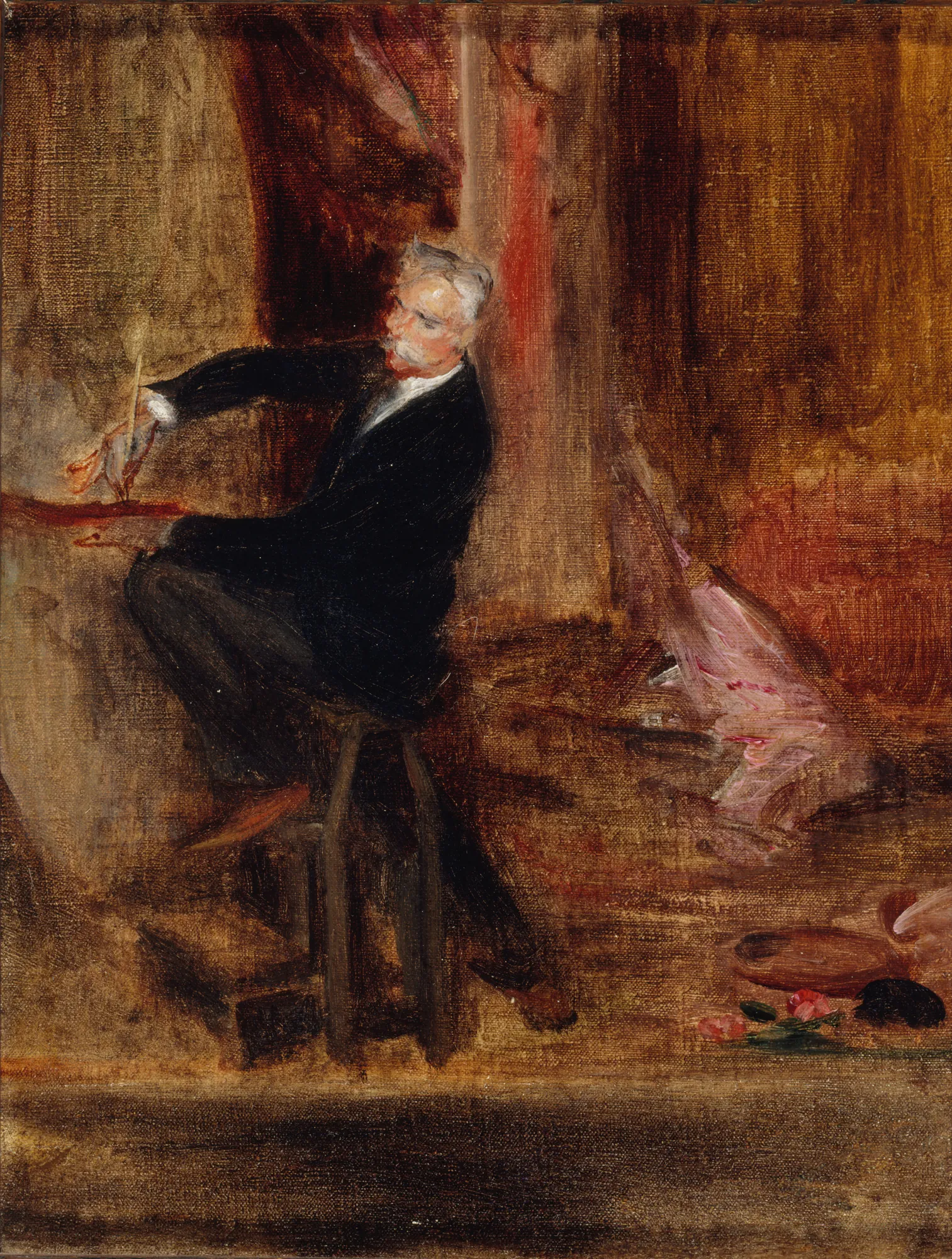 Portrait of Jules Chéret in His Studio Portrait of Jules Chéret in His Studio by Jacques-Émile Blanche. An impressionistic oil painting of a silver-haired man in a black suit seated at an easel, painting within a warm, dark studio.