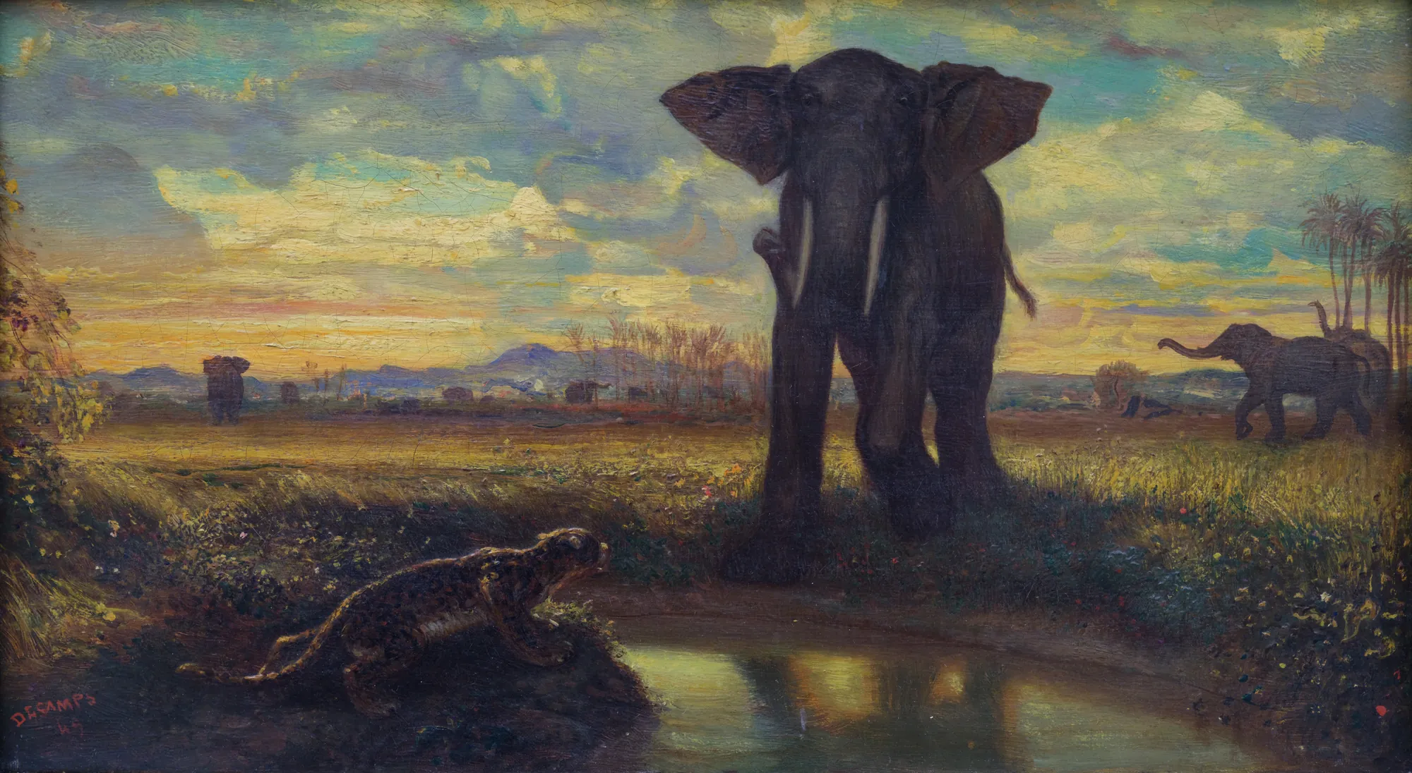 Tigre et éléphant à la source