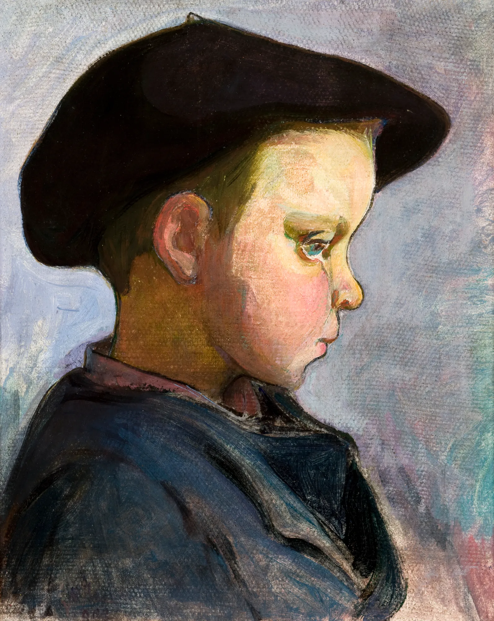 Study of a Boy Study of a Boy by Władysław Ślewiński. A profile portrait of a young boy wearing a large dark beret and a dark blue coat against a muted, textured background.