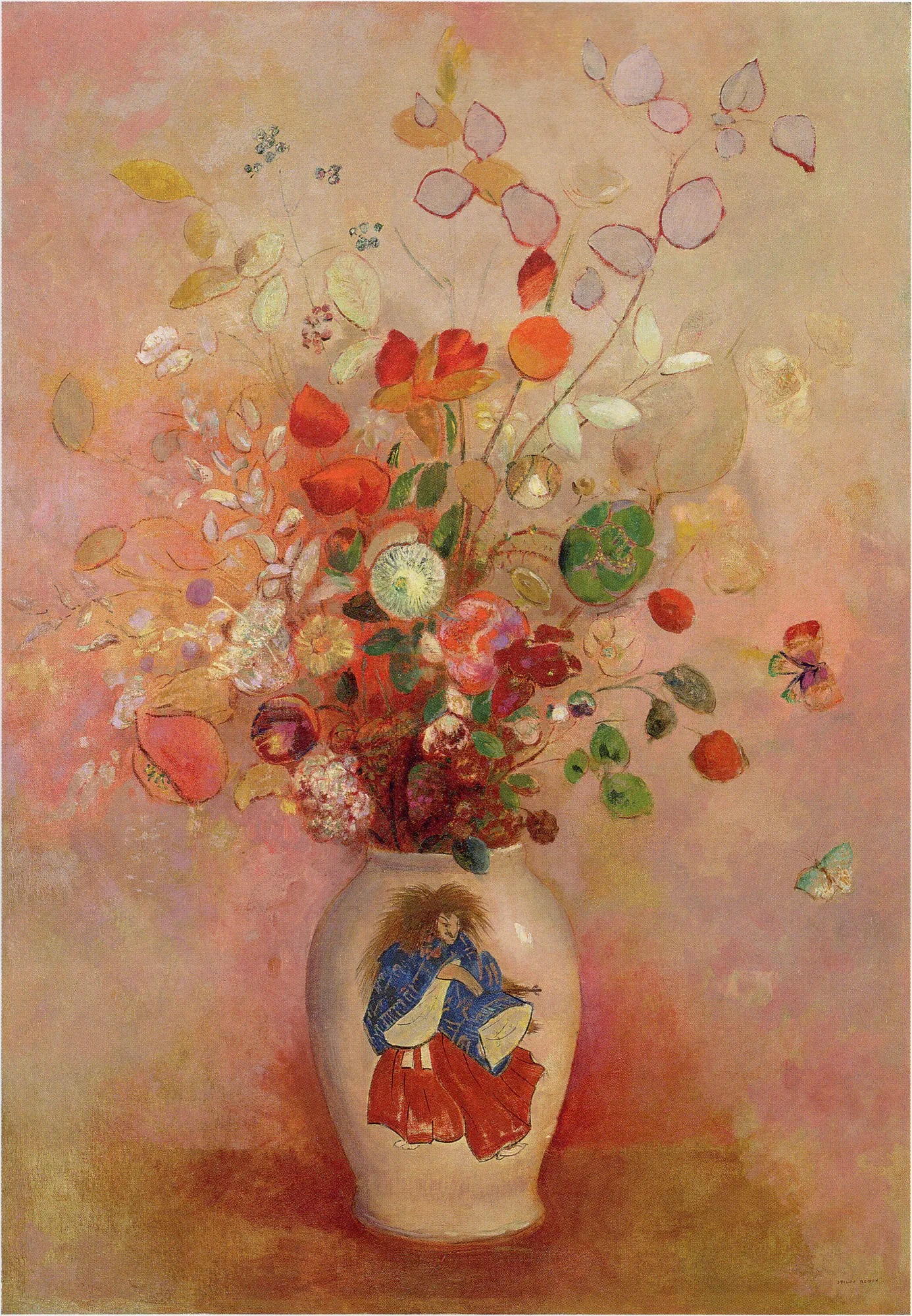 Flowers in a Japanese Vase Flowers in a Japanese Vase by Odilon Redon. A lush bouquet of diverse flowers and airy foliage sits in a ceramic vase decorated with a figure in traditional Japanese robes against a textured pastel background.