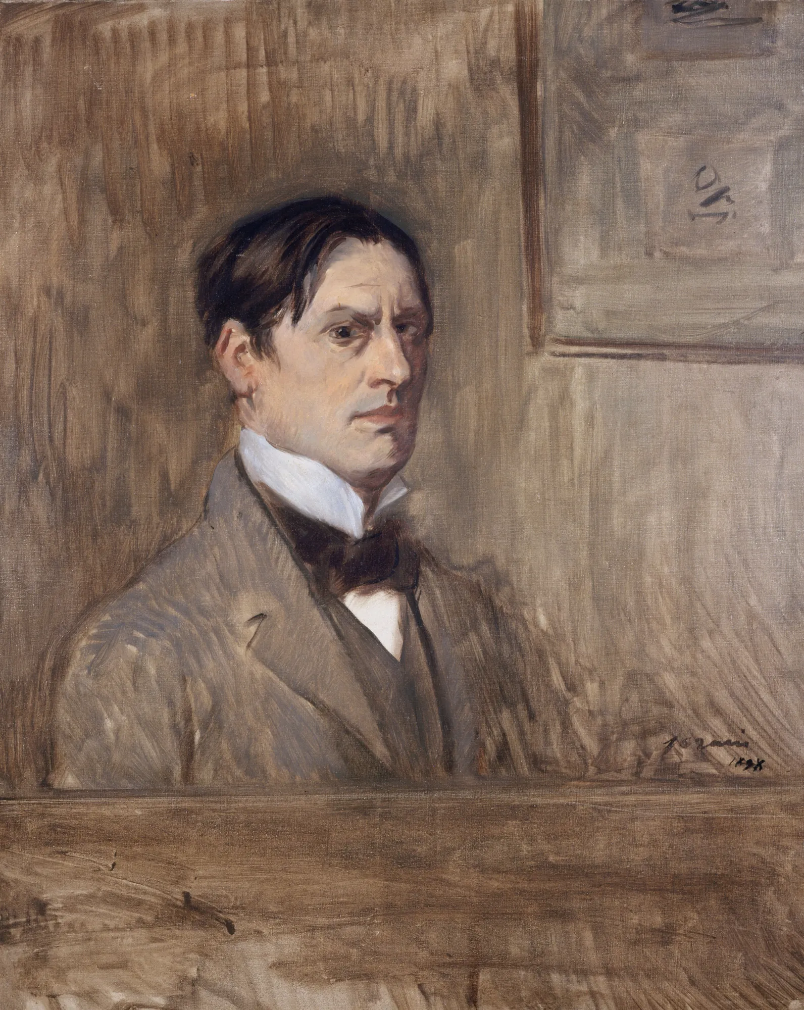 Self-Portrait Self-Portrait by Jean-Louis Forain. An impressionistic oil self-portrait of a man in a grey jacket and white collar against a gestural brown background.