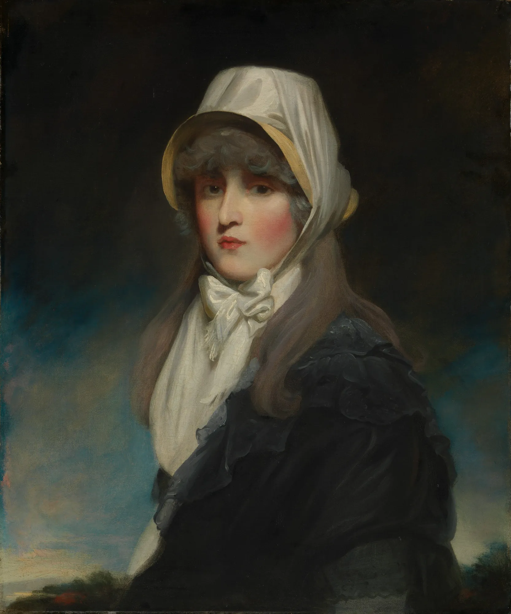 Mrs. George Horsley (Charlotte Mary Talbot) Mrs. George Horsley (Charlotte Mary Talbot) by Unknown Artist. A classic three-quarter length portrait of a woman wearing a white silk bonnet and a dark shawl against a dark, moody landscape.