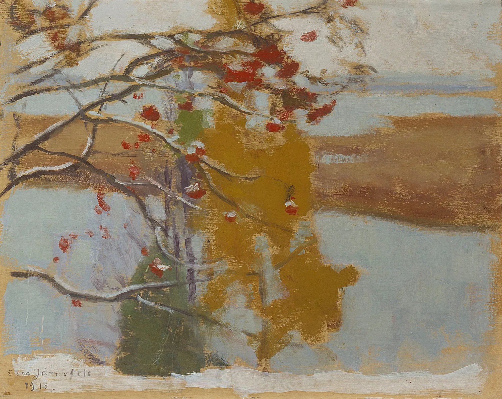 Rowan Berries Rowan Berries by Eero Järnefelt. An impressionistic study of tree branches laden with bright red rowan berries against a soft, atmospheric background of ochre and grey.