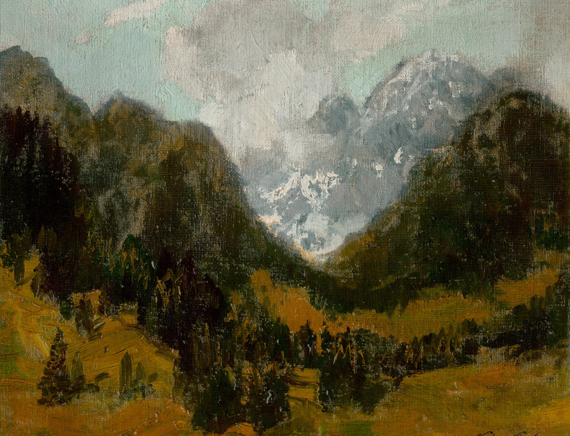 Tatra Motif Tatra Motif by Nándor Katona. An impressionistic oil painting of a mountain valley with steep, dark forested slopes leading to a pale, cloud-shrouded peak.