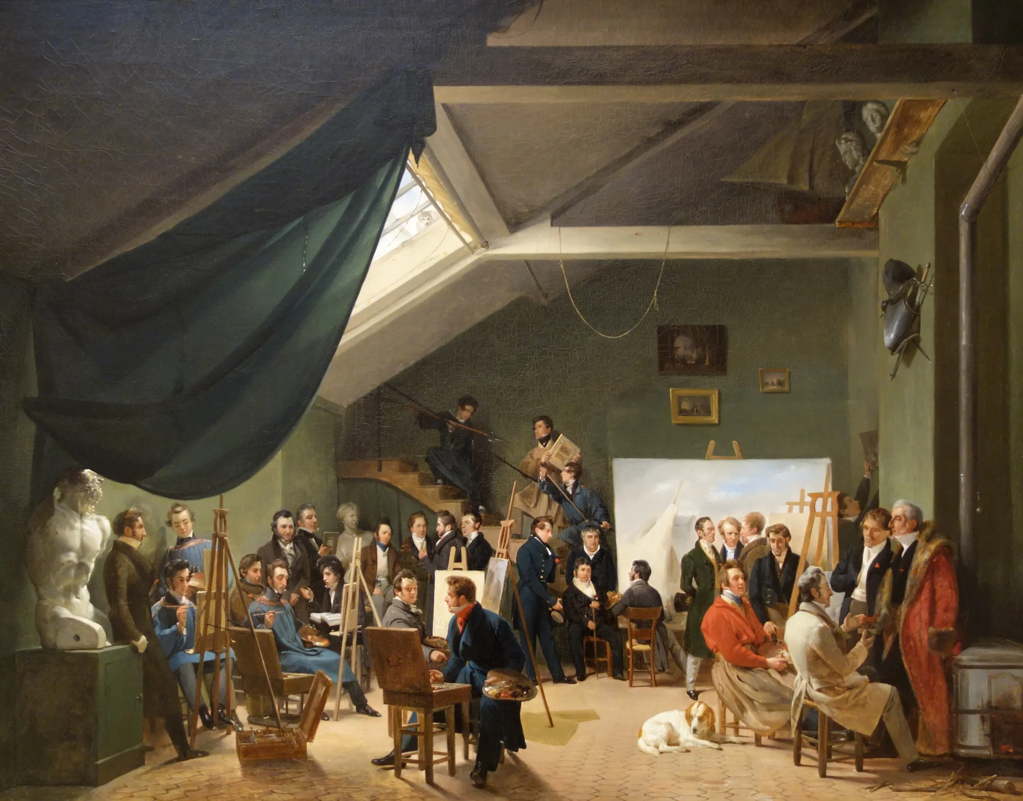 The Artist's Studio The Artist's Studio by Eugène Le Poittevin, Auguste-Xavier Leprince. A bustling 19th-century artist's atelier filled with painters at easels and observers beneath a dramatic skylight.