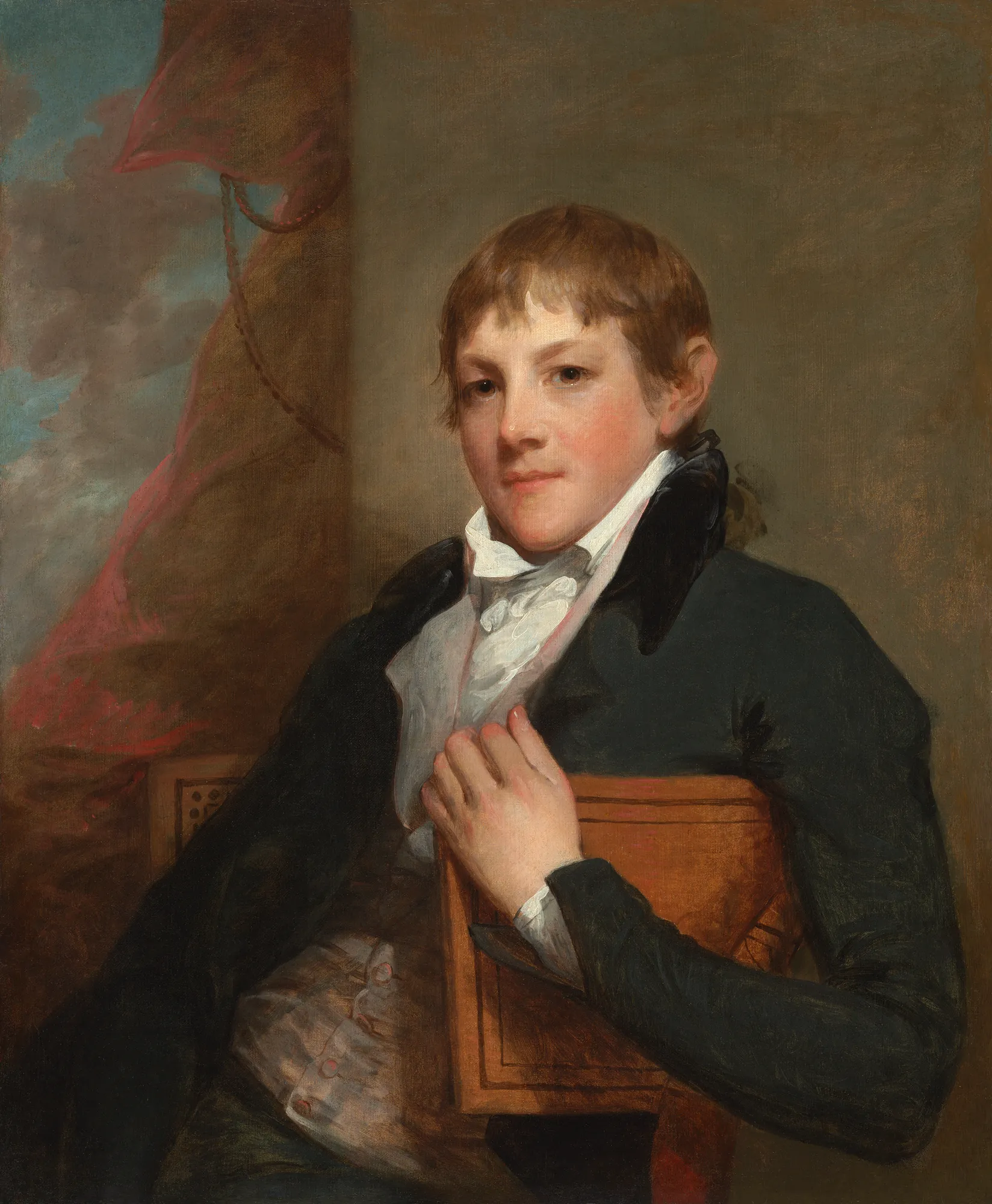 John Randolph John Randolph by Gilbert Stuart. A half-length portrait of a youthful man with short brown hair, wearing a dark coat and white cravat, set against a neutral wall and red curtain.