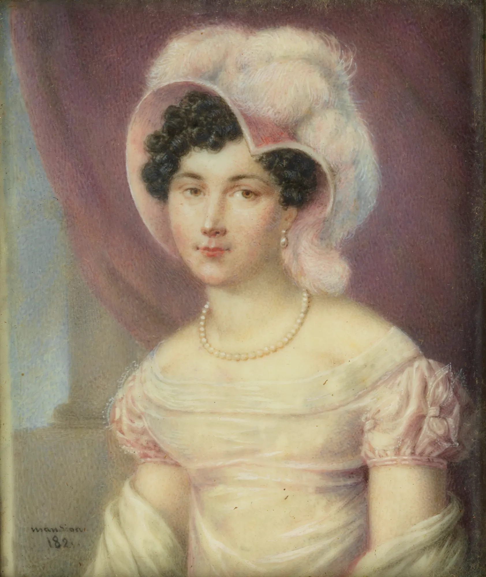 Portrait of Maria S.J.A. de Stephanis Portrait of Maria S.J.A. de Stephanis by Léon Larue. A Regency-era miniature portrait of a young woman with dark hair wearing a large plumed hat, pearl necklace, and a soft pink dress.
