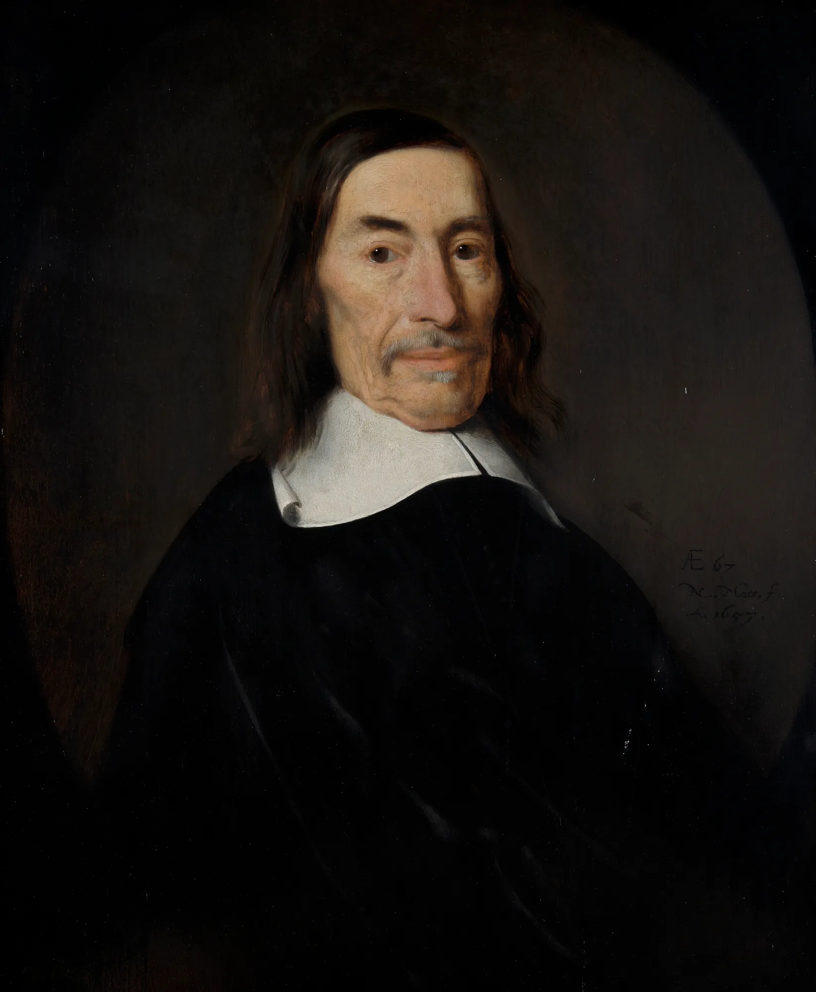 Portrait of Jacob de Witt Portrait of Jacob de Witt by Nicolaes Maes. A bust-length portrait of an elderly man with long dark hair and a mustache, wearing a black garment and a broad white collar, set within a feigned oval background.