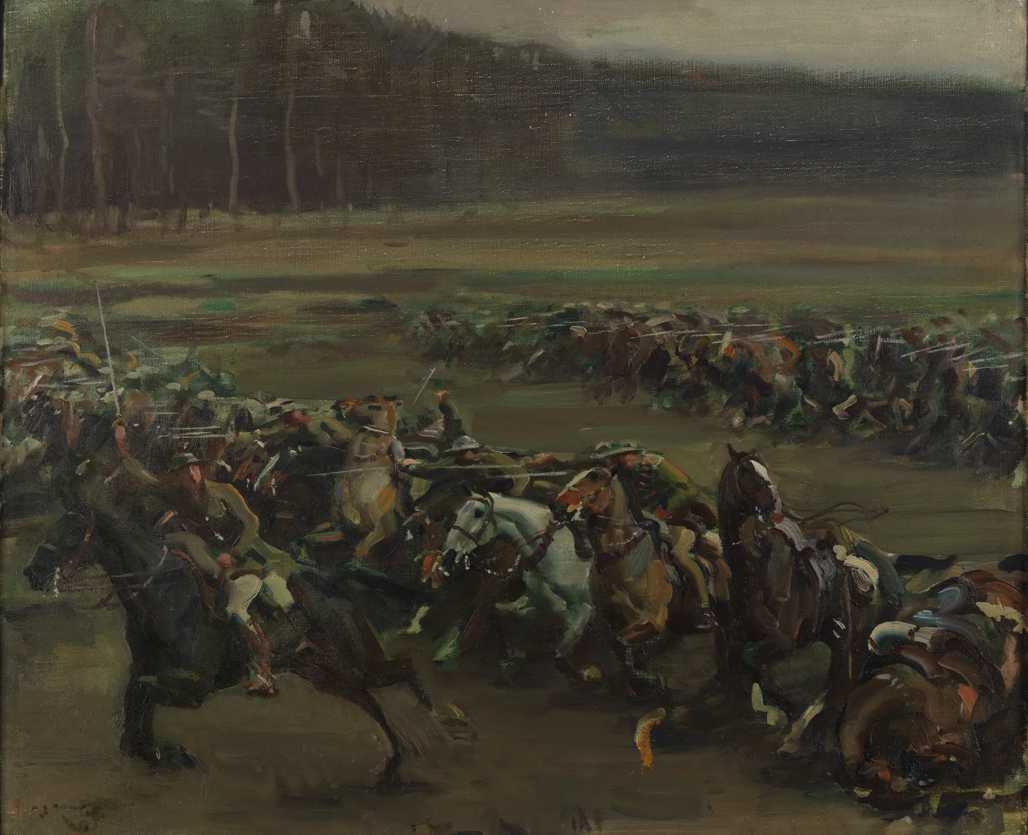Charge of Flowerdew's Squadron Charge of Flowerdew's Squadron by Alfred Munnings. A dynamic oil painting depicting a cavalry charge with soldiers on horseback racing across an open field against a dark treeline.