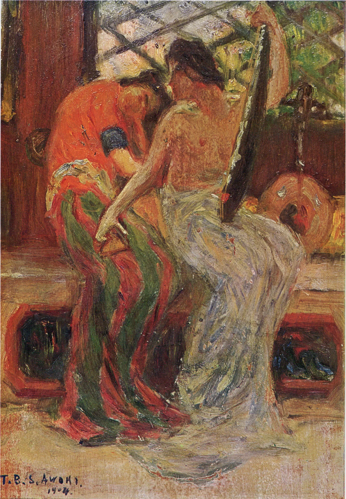 Enjoyment Enjoyment by Shigeru Aoki. Two figures, one in vibrant red and green robes and another in a flowing pale gown, are depicted in a textured interior setting alongside a traditional stringed instrument.