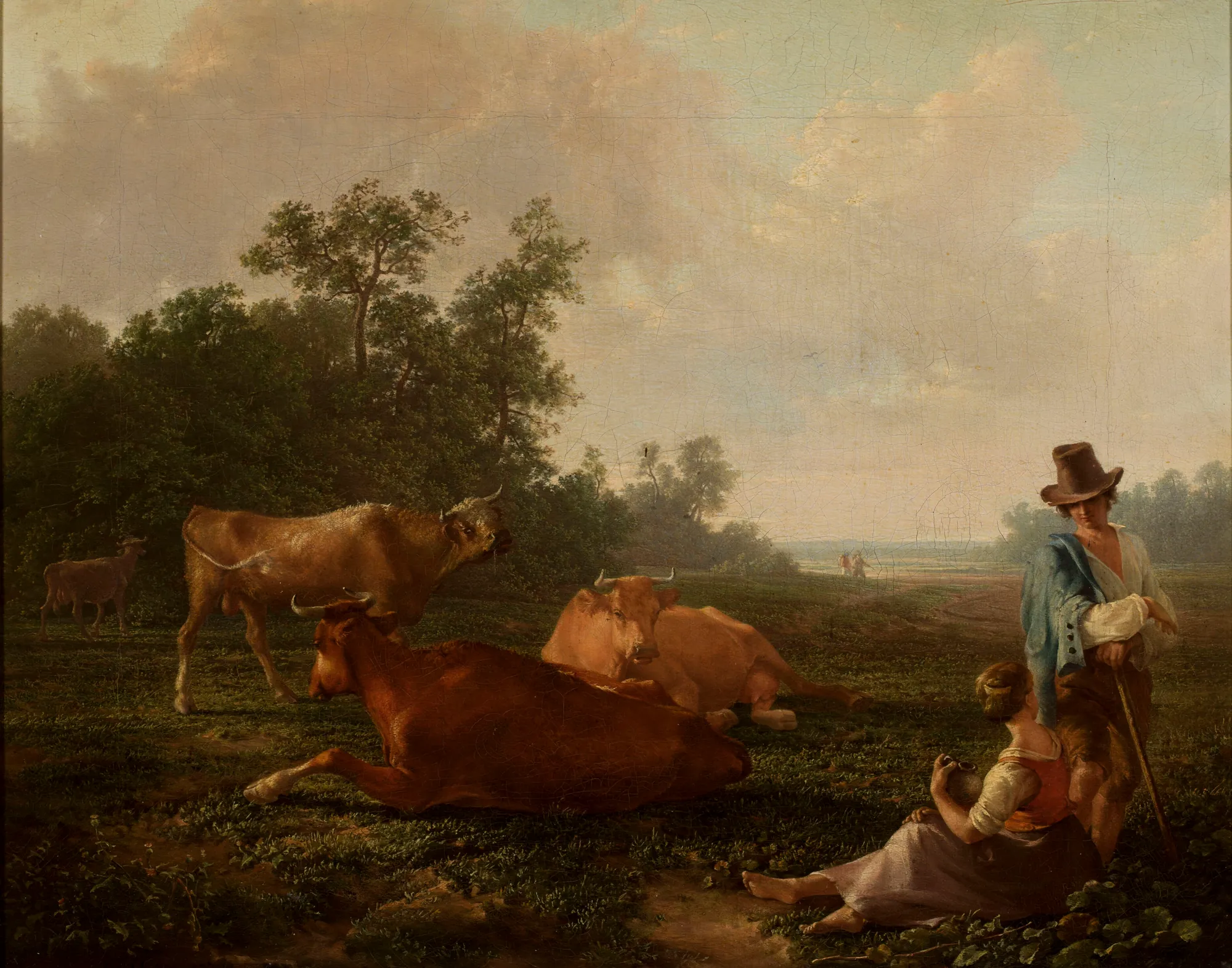 Pastoral Scene Pastoral Scene by Friedrich Nerly. A peaceful landscape depicting cattle resting in a field alongside a seated woman and a standing shepherd under a soft, clouded sky.