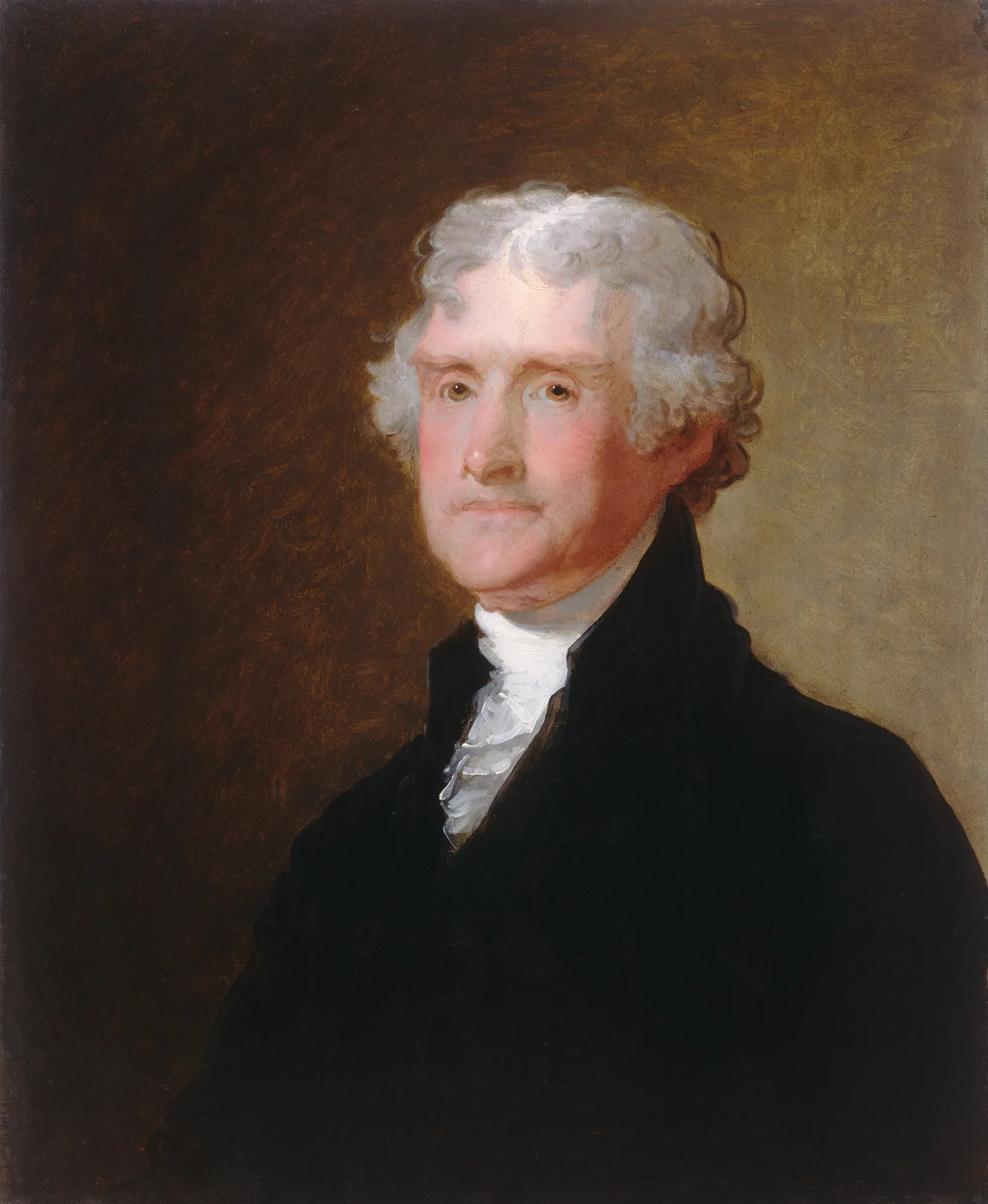 Thomas Jefferson Thomas Jefferson by Gilbert Stuart. A bust-length portrait of an elderly man with white hair, wearing a dark coat and a white cravat against a warm, dark background.