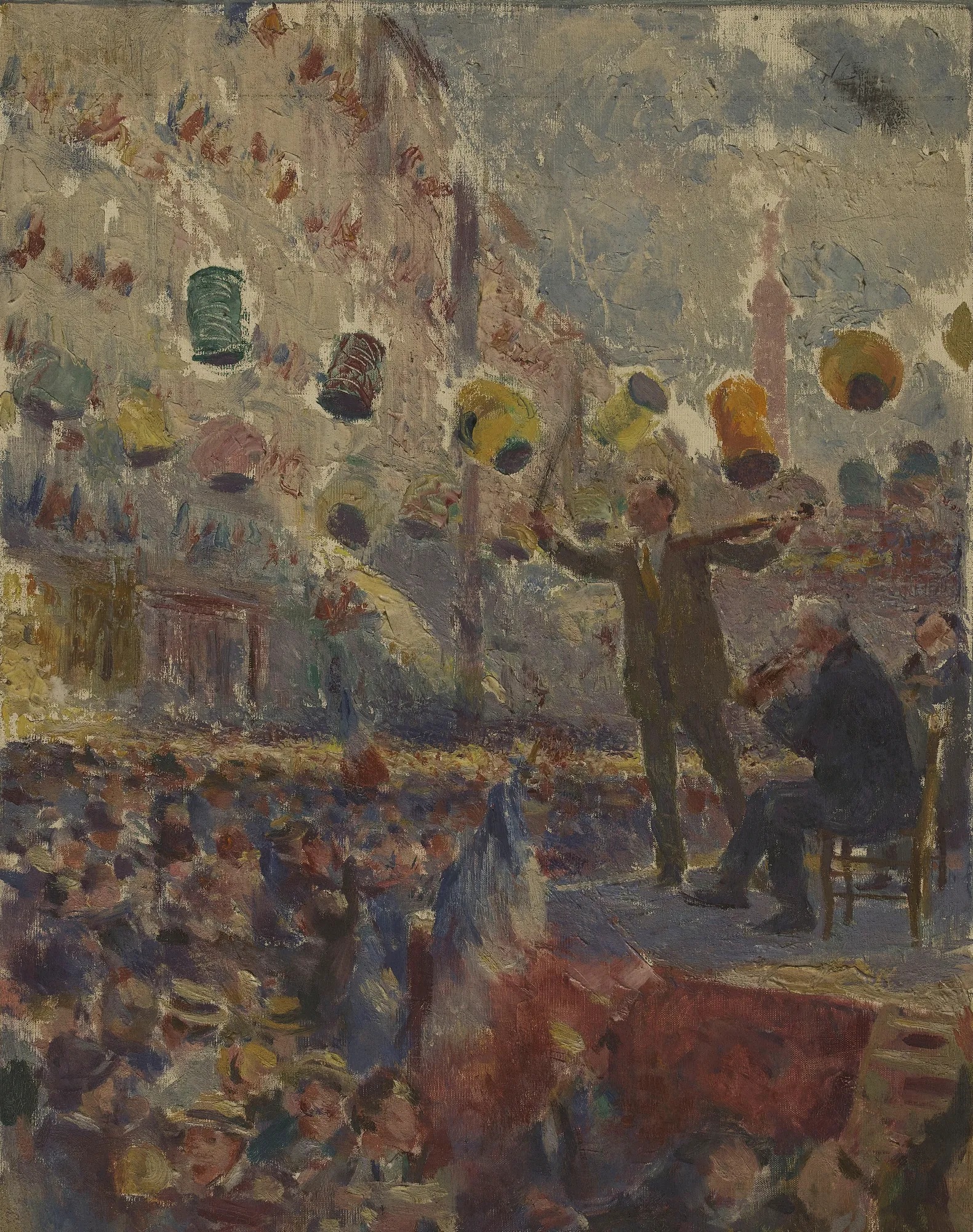 Le Bal du 14 Juillet Le Bal du 14 Juillet by Claude-Charles Bourgonnier. An Impressionistic oil sketch depicting musicians playing violins for a large, blurred crowd under festive paper lanterns.
