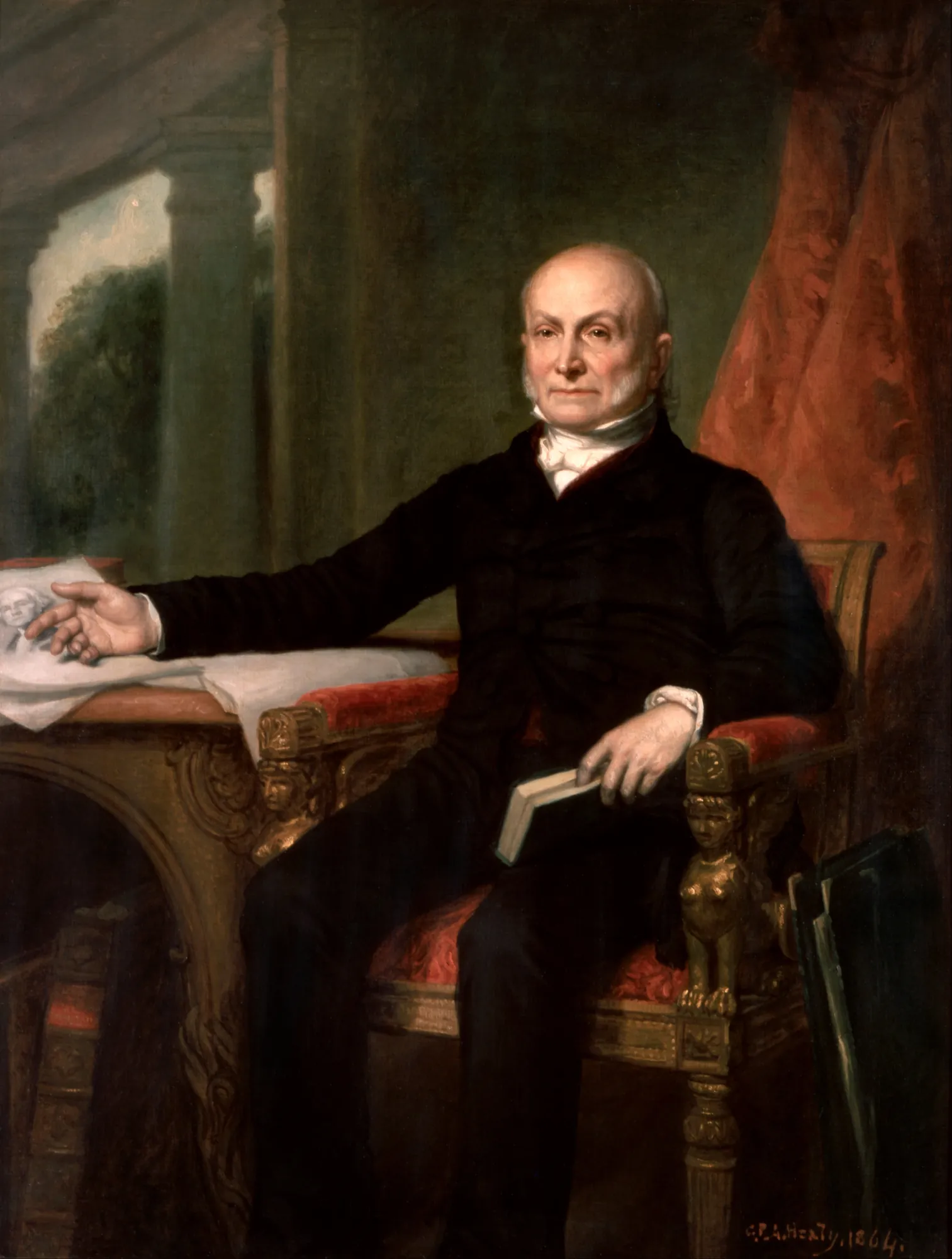 John Quincy Adams John Quincy Adams by George Peter Alexander Healy. A formal oil portrait of John Quincy Adams seated in an ornate red velvet chair, holding a book with a desk and columns in the background.
