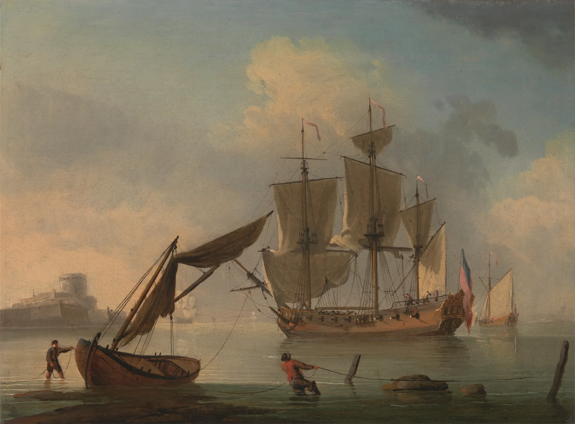 An English Sloop Becalmed near the Shore