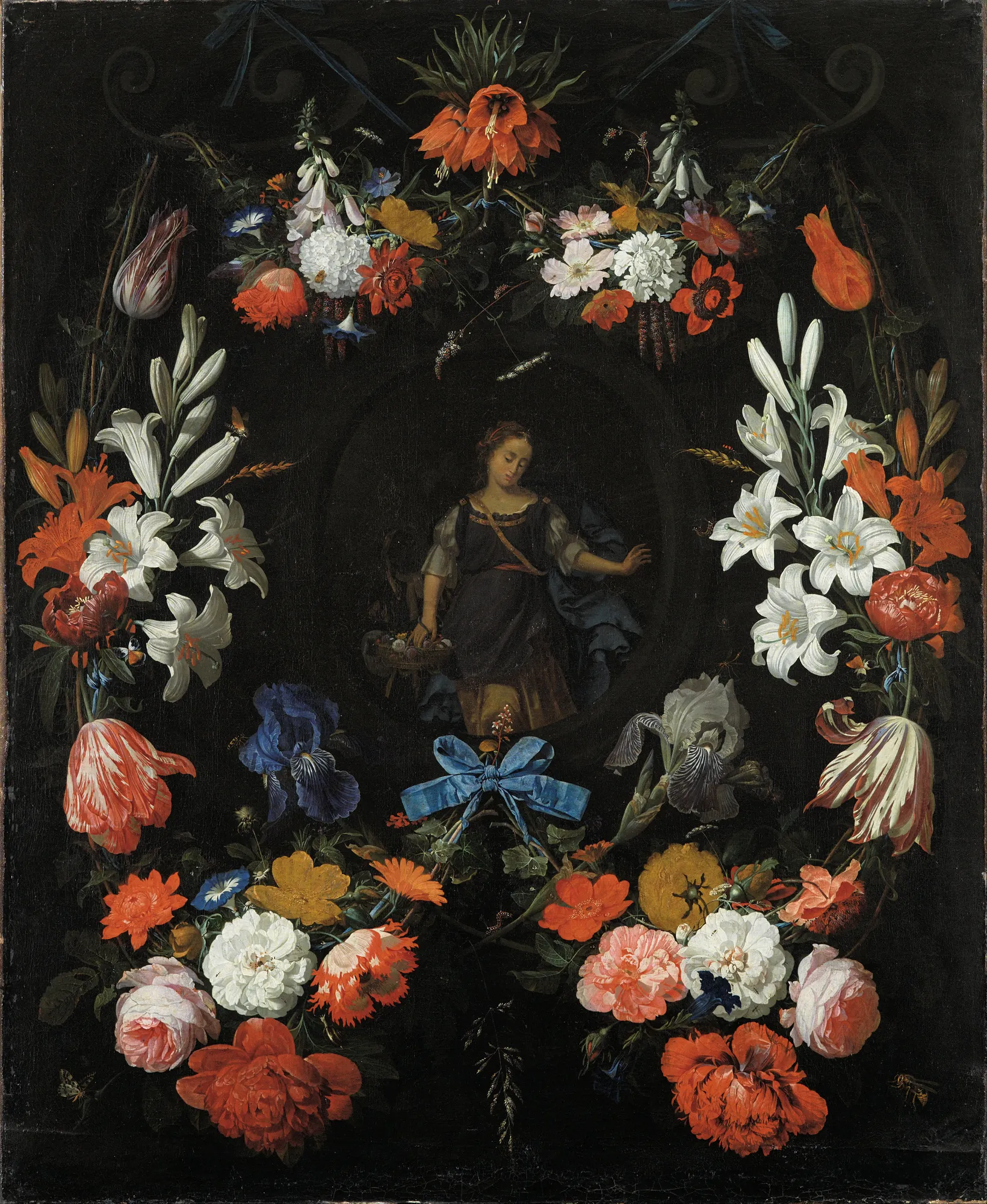 Garland of Flowers Garland of Flowers by Abraham Mignon. A lush, detailed garland of multi-colored flowers encircles a central medallion depicting a young woman in a landscape.