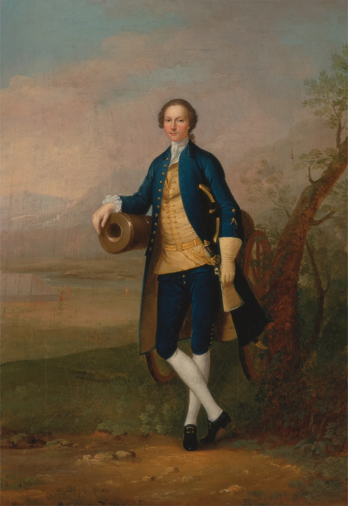 Gentleman with a Cannon Gentleman with a Cannon by Arthur Devis. A full-length portrait of a gentleman in a blue coat and yellow waistcoat leaning on a cannon in a landscape.